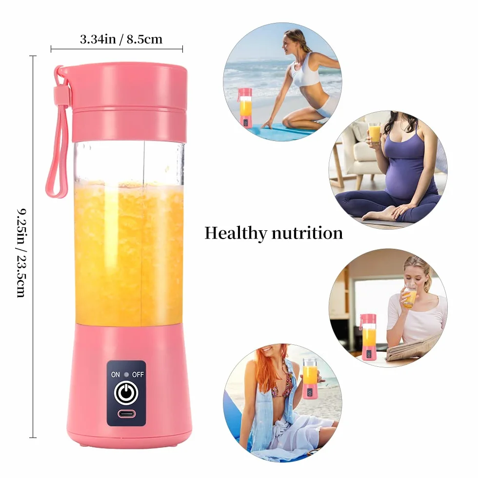 Przenośny blender, osobista wyciskarka do soku, ręczny mikser do owoców o pojemności 380 ml, ładowany przez USB, z 6 ostrzami Power Blender, podróżny, do smoothie i koktajli, różowy