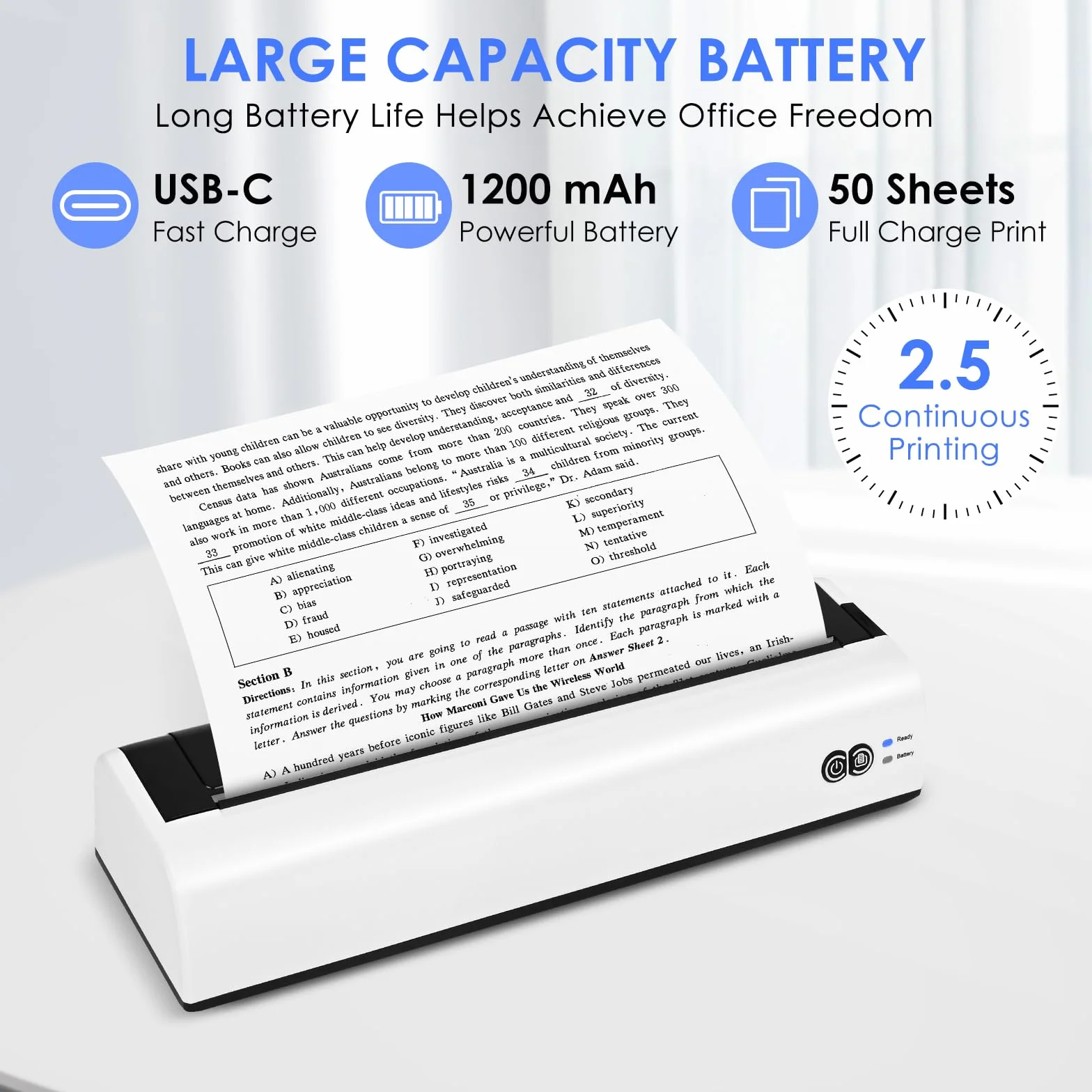 GuKKK Mobilna drukarka A4 do podróży - bezprzewodowa, Bluetooth, termiczna, obsługuje papier 210 x 297 mm, kompatybilny z iOS i Android (B)