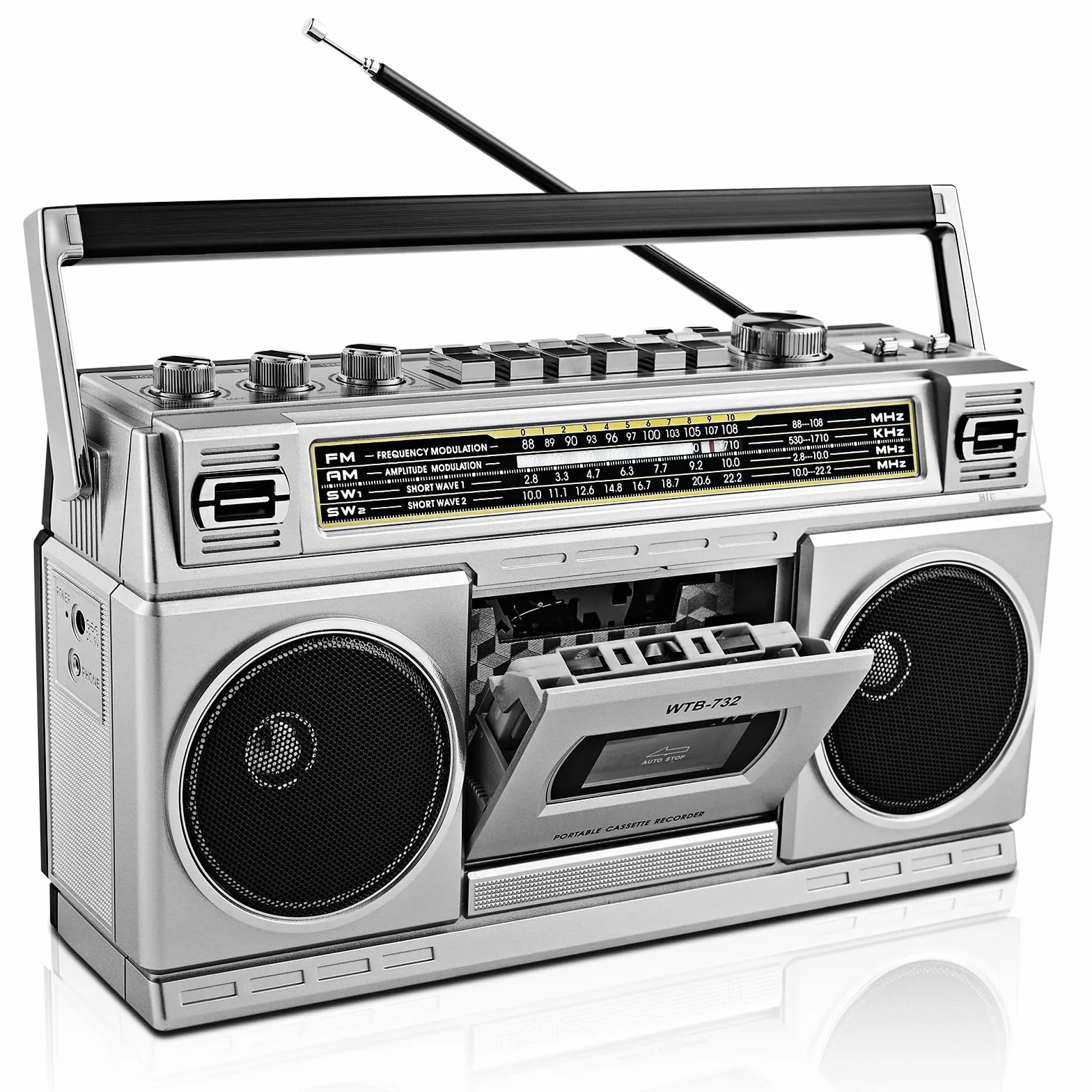 Boombox w stylu retro Classic w stylu lat 80., odtwarzacz kasetowy z radiem AM/FM/SW, Bluetooth, USB, gniazdo słuchawkowe, 24 W, głośniki Dual Full-Range High-Bass