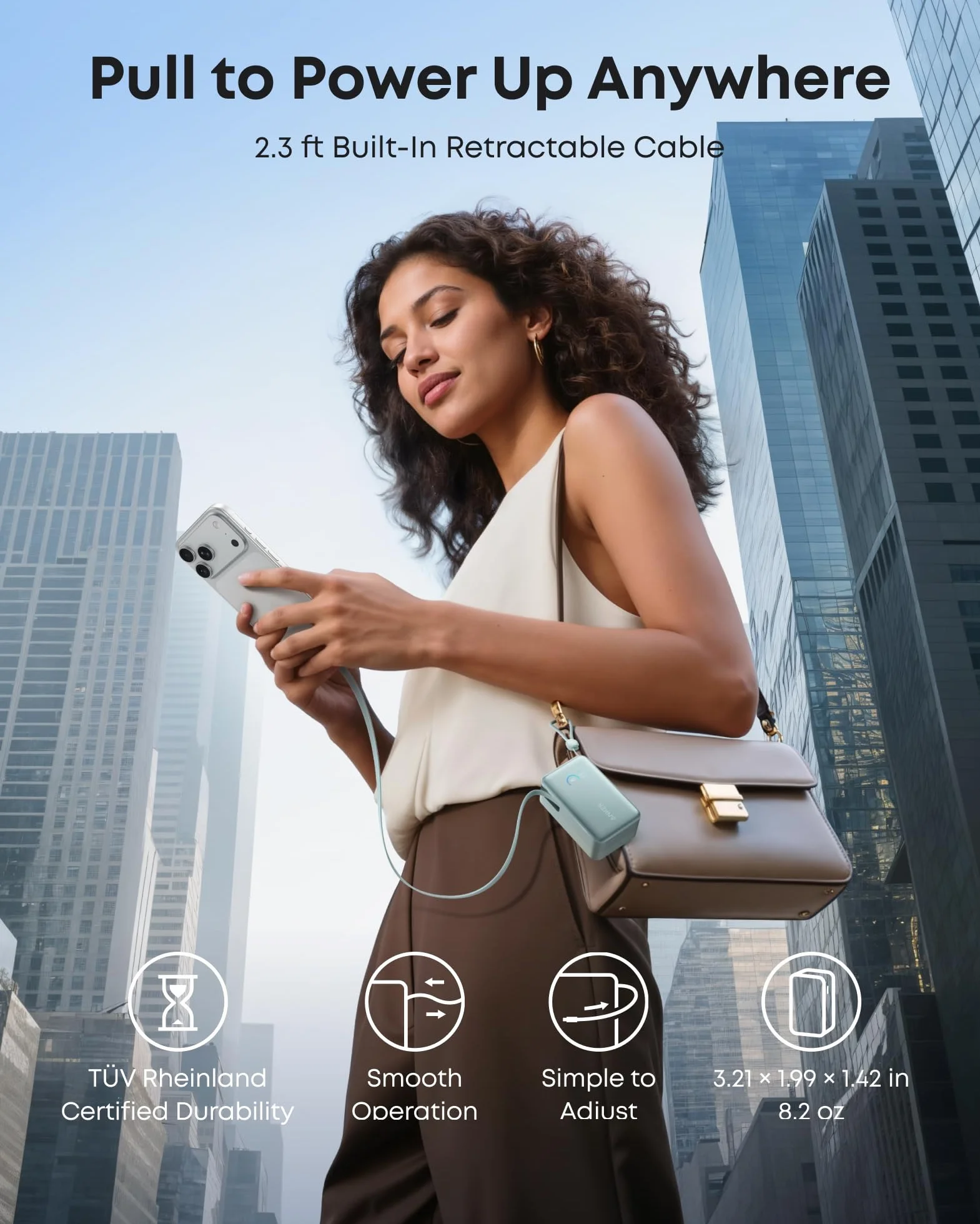 Powerbank Anker Nano, zewnętrzny akumulator 10 000 mAh z 70-centymetrowym zwijanym kablem Anker InstaCord, kompaktowa bateria o mocy maks. 45 W, inteligentny wyświetlacz (zielony)