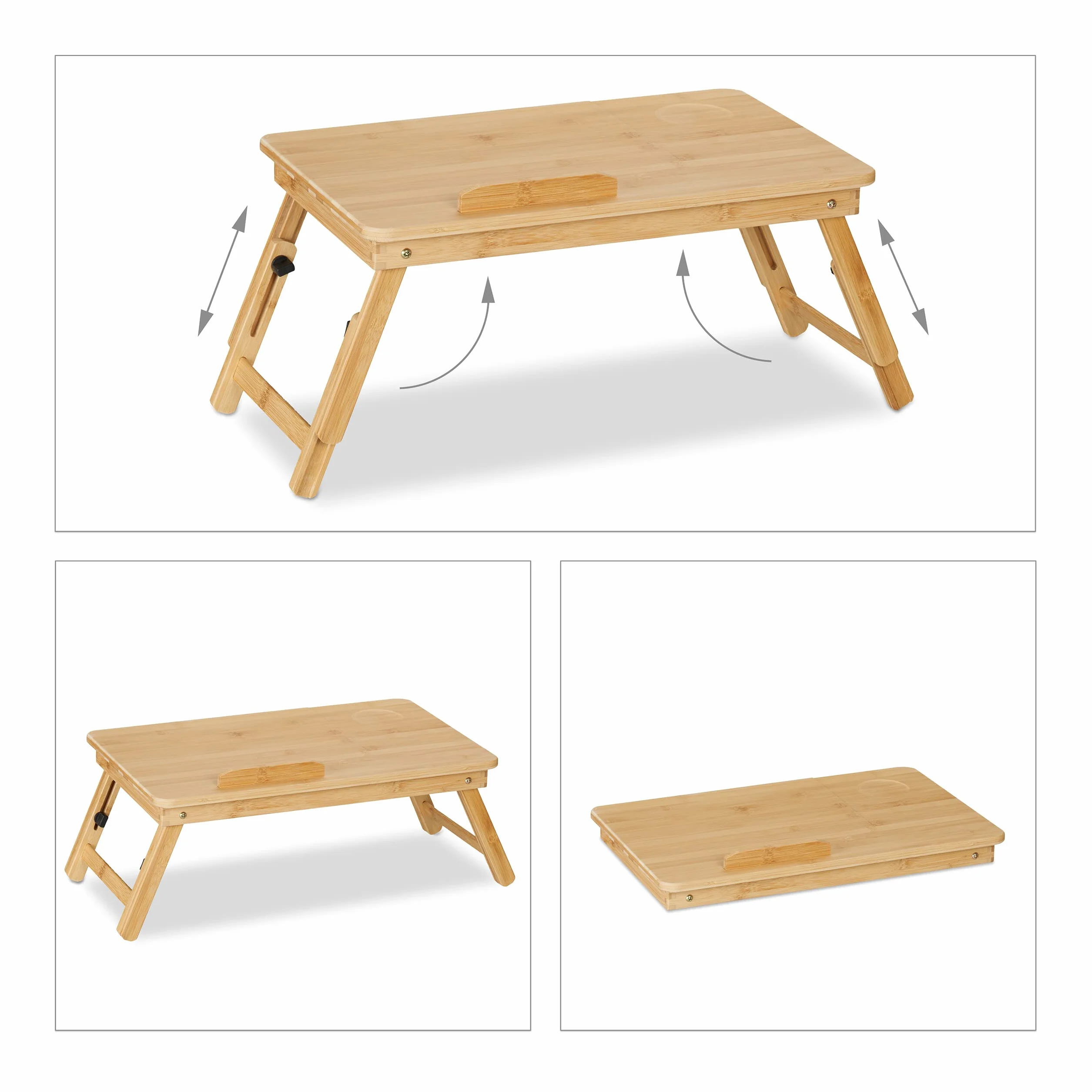 Relaxdays Stolik pod laptopa na kanapę, bambus, składany, z regulacją wysokości, pochylany blat stołu, szuflady, stolik do łóżka, naturalny