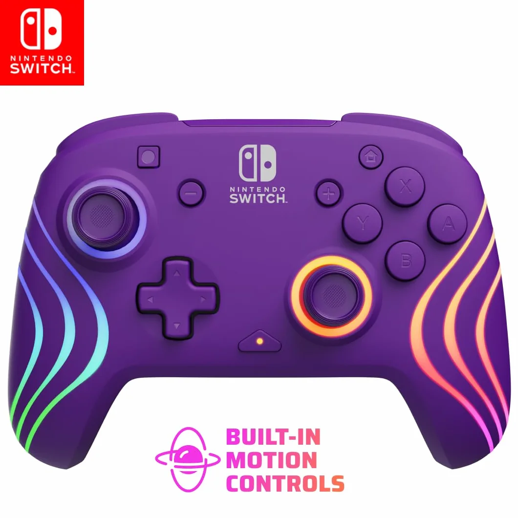 PDP Afterglow Wave Wireless Pro Controller with Full Motion for Nintendo Switch, Nintendo Switch - OLED Model, 8 RGB LED Lighting Zones, 30 Foot Range, 20 Hour Rechargeable Battery Purple