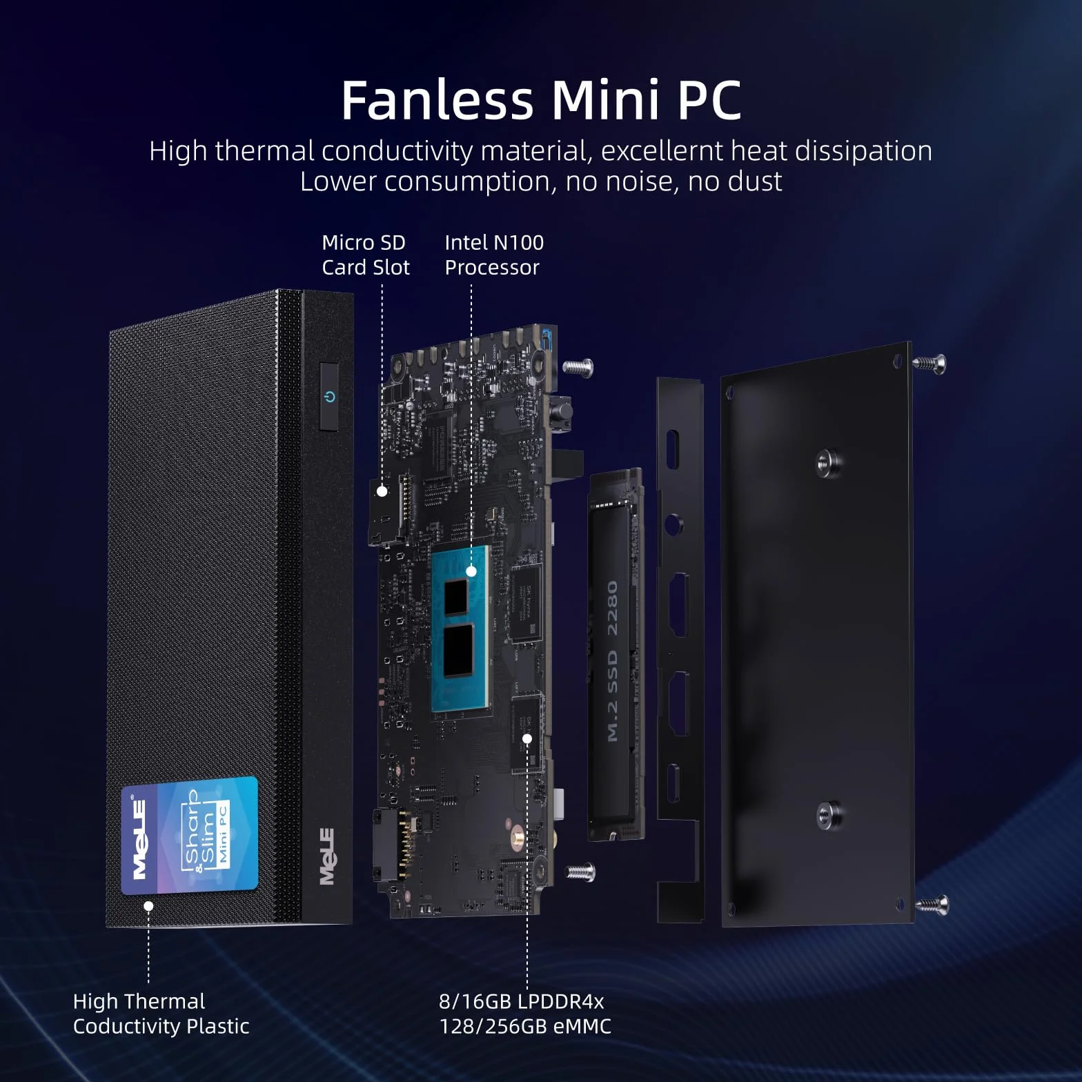 MeLE Quieter4C Mini PC bez wentylatora 16GB DDR4 512 GB ROM Micro PC Alder Lake N100 (do 3,4 GHz) Mały format USB-C 2 X HDMI 4K@60 Potrójny wyświetlacz komputerów stacjonarnych