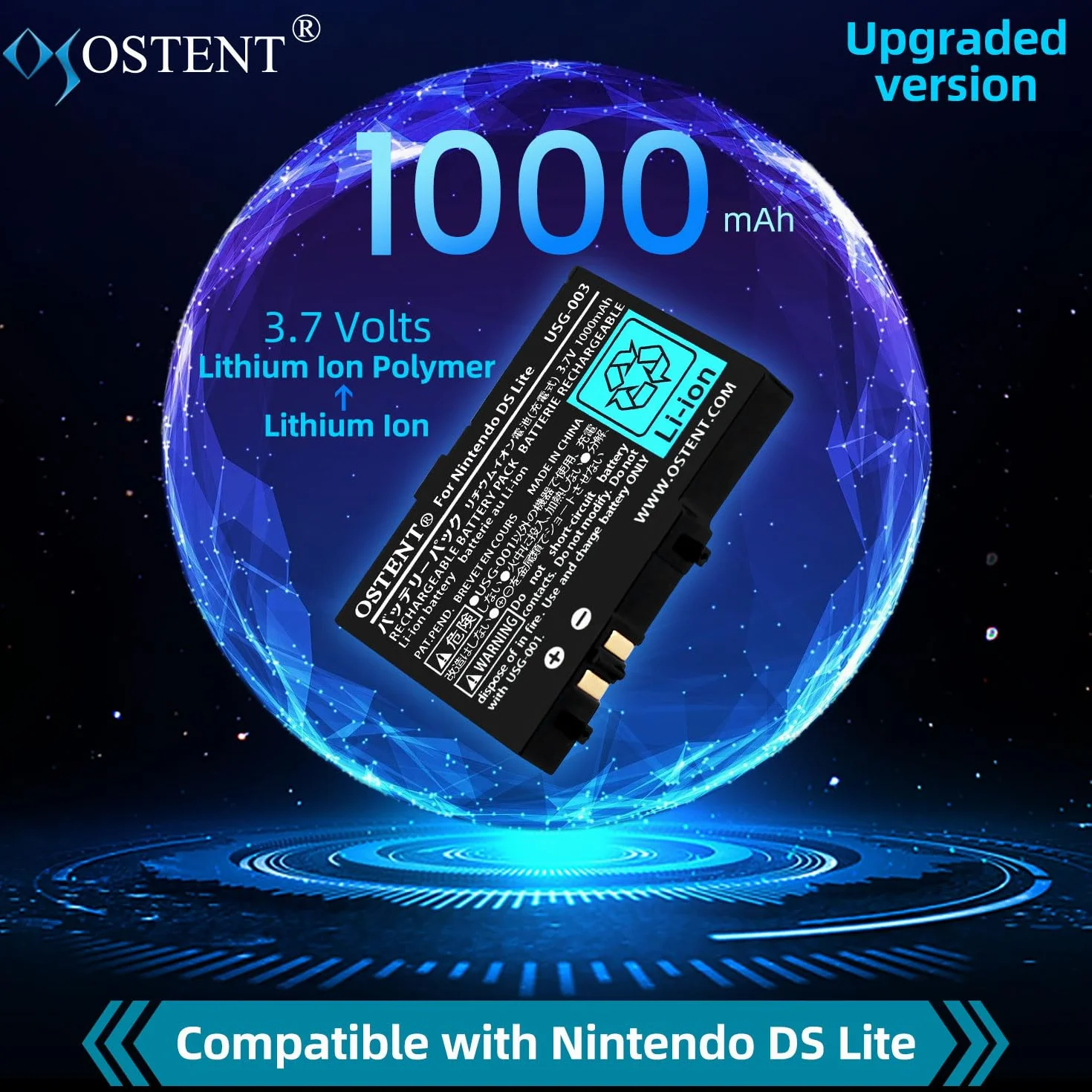 OSTENT 3.7V 1000mAh Akumulator Litowo Jonowy Polimerowy Zestaw Narzędzi Pióro do Nintendo DSL NDS Lite