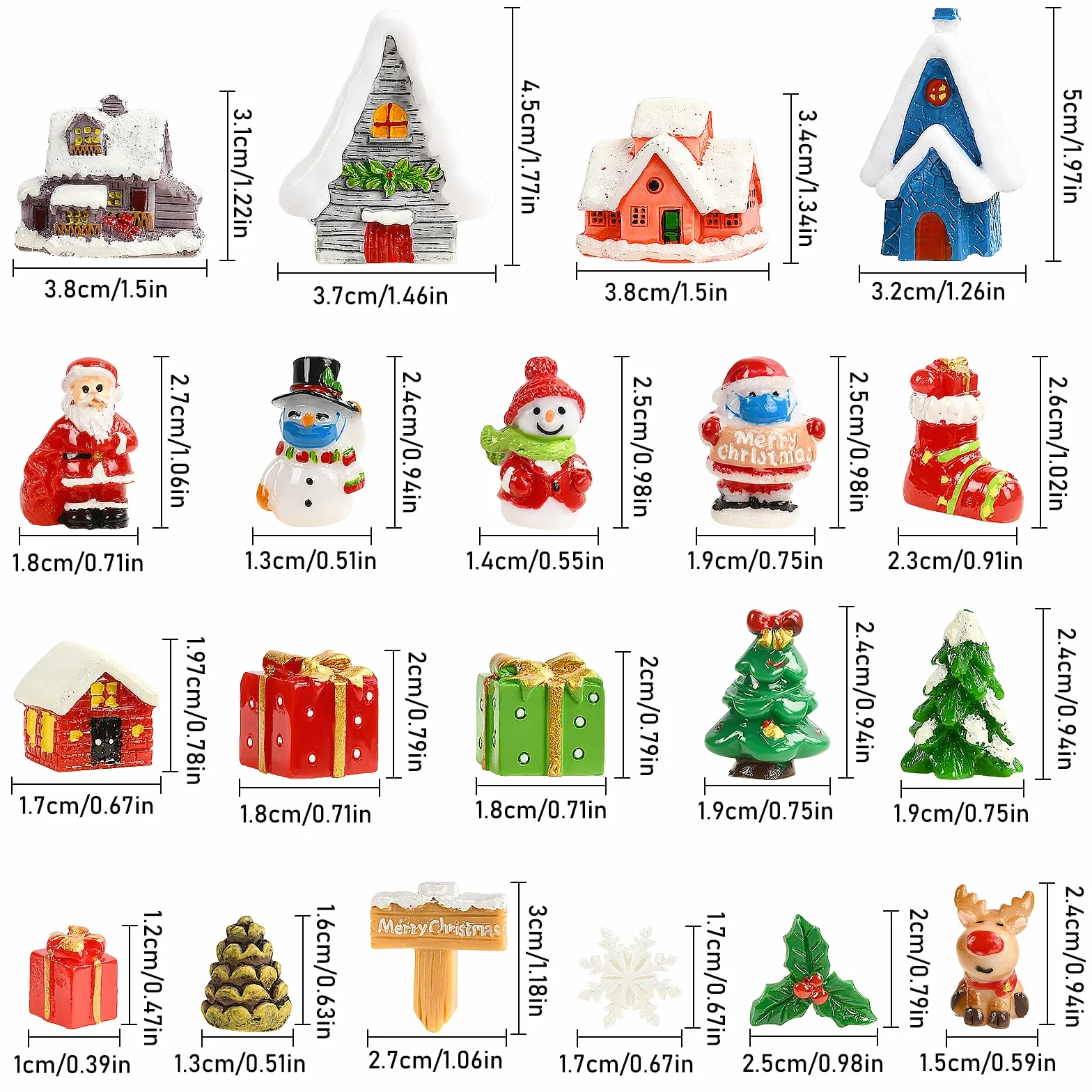 KATELUO Miniaturowe ornamenty bożonarodzeniowe figurki z żywicy zestaw 20 sztuk