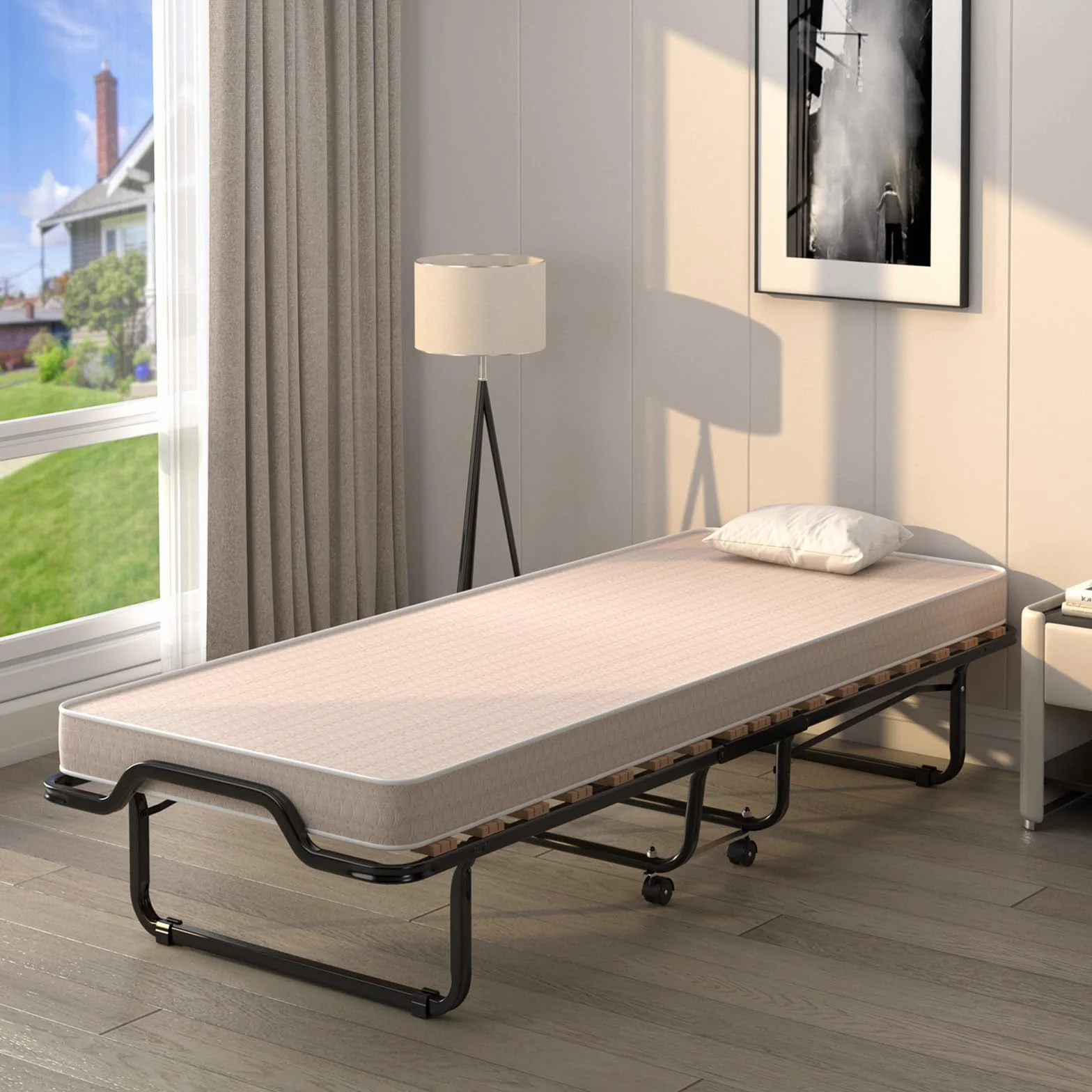 COSTWAY 90 x 200 cm, łóżko dla gości z materacem z pianki, składane łóżko pojedyncze, stabilne metalowe łóżko do 120 kg, składane łóżko na kółkach, składane łóżko na kemping i do pokoju gościnnego