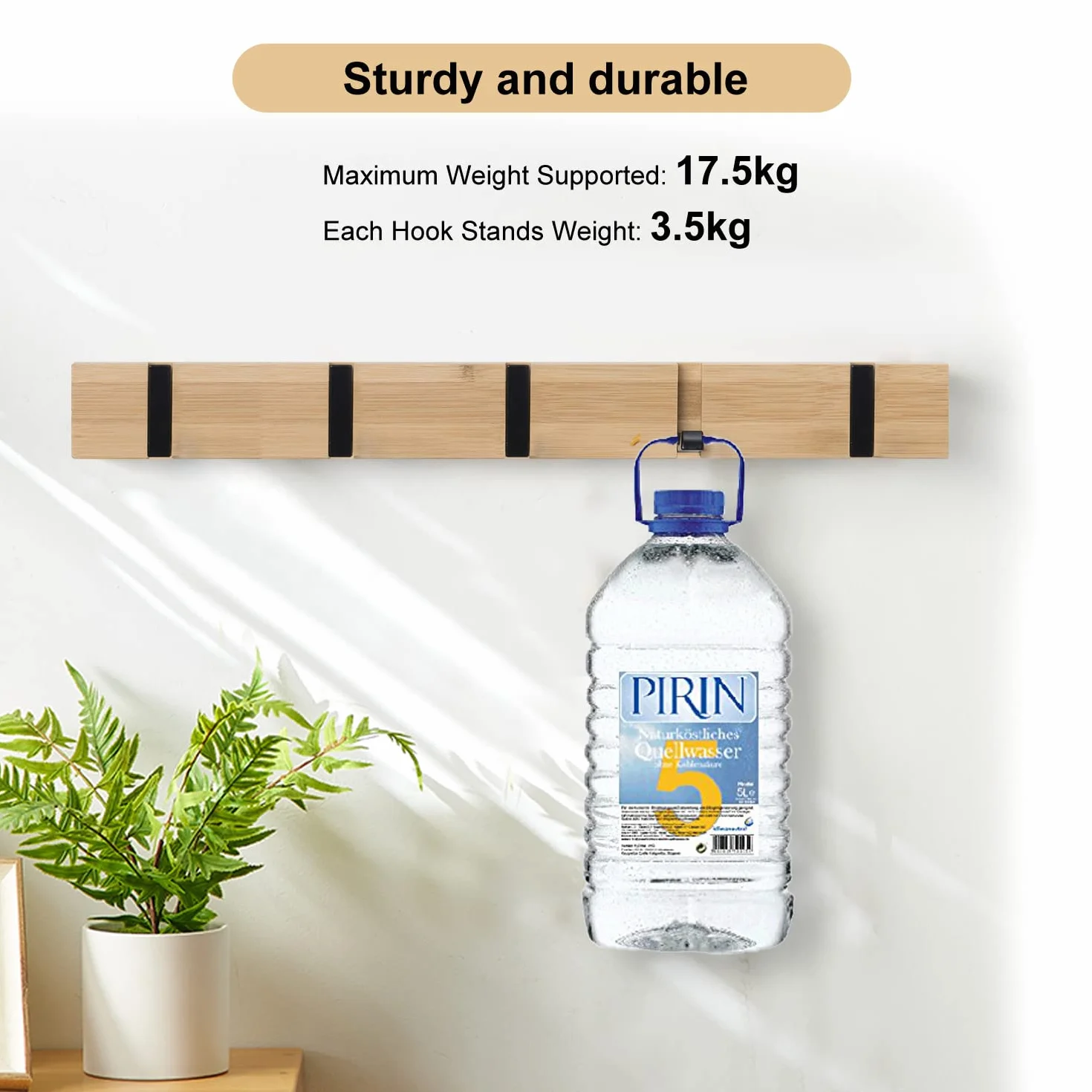 Drewniany wieszak na ubrania, bambusowy wieszak na ubrania, składany wieszak ścienny z 5 ruchomymi haczykami na kurtki, czapki i torebki (42 cm)
