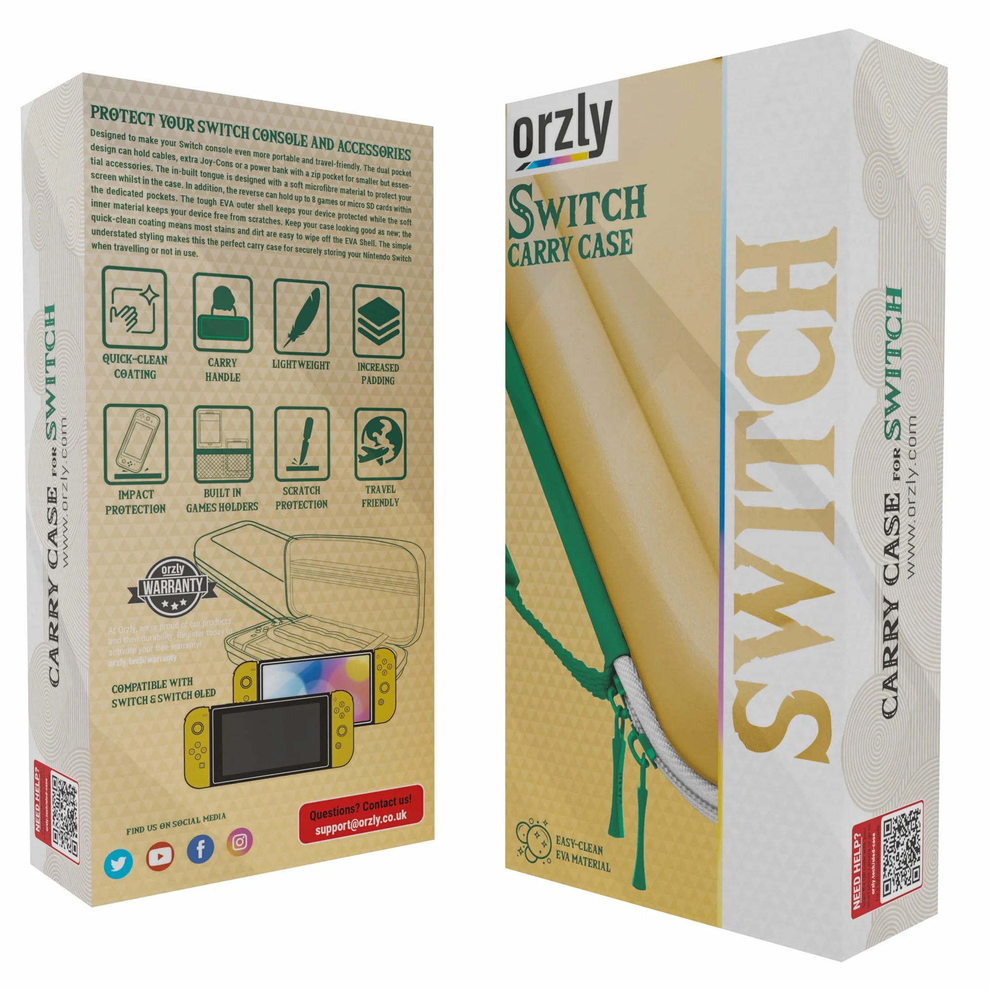 Orzly Etui na Nintendo Switch OLED i standardową konsolę Switch z akcesoriami i schowkiem na gry - zaprojektowane dla fanów Zeldy, edycja w pudełku prezentowym, złote, białe, zielone etui do