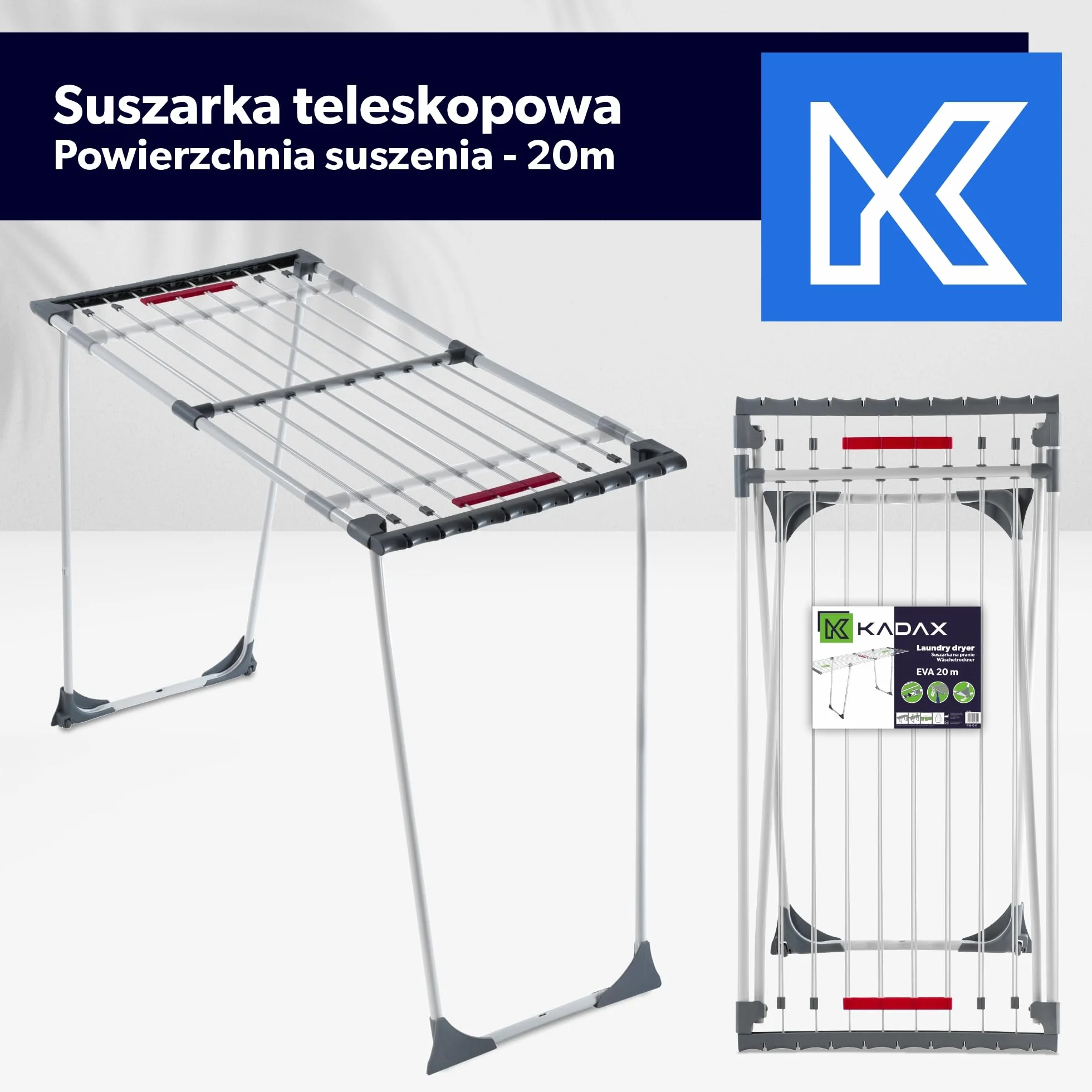 KADAX Suszarka na pranie teleskopowa 20 m powierzchni suszenia stalowa konstrukcja