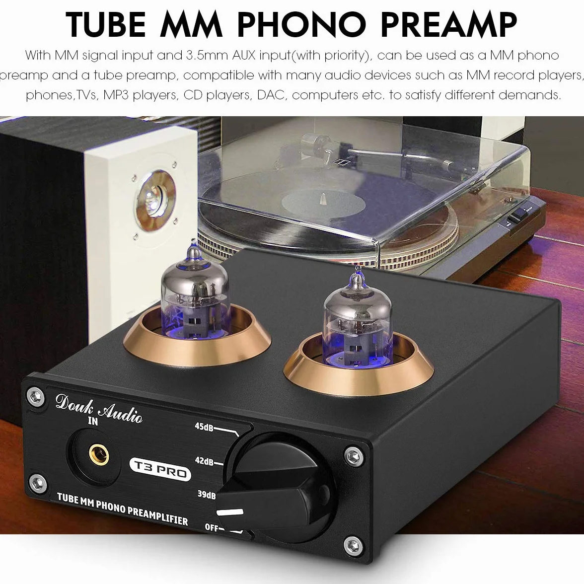 Douk Audio T3 PRO Phono przedwzmacniacz rurowy do gramofonów, przedwzmacniacz gramofonowy MM, mini Valve Stereo Preamp do odtwarzacza nagrywarki