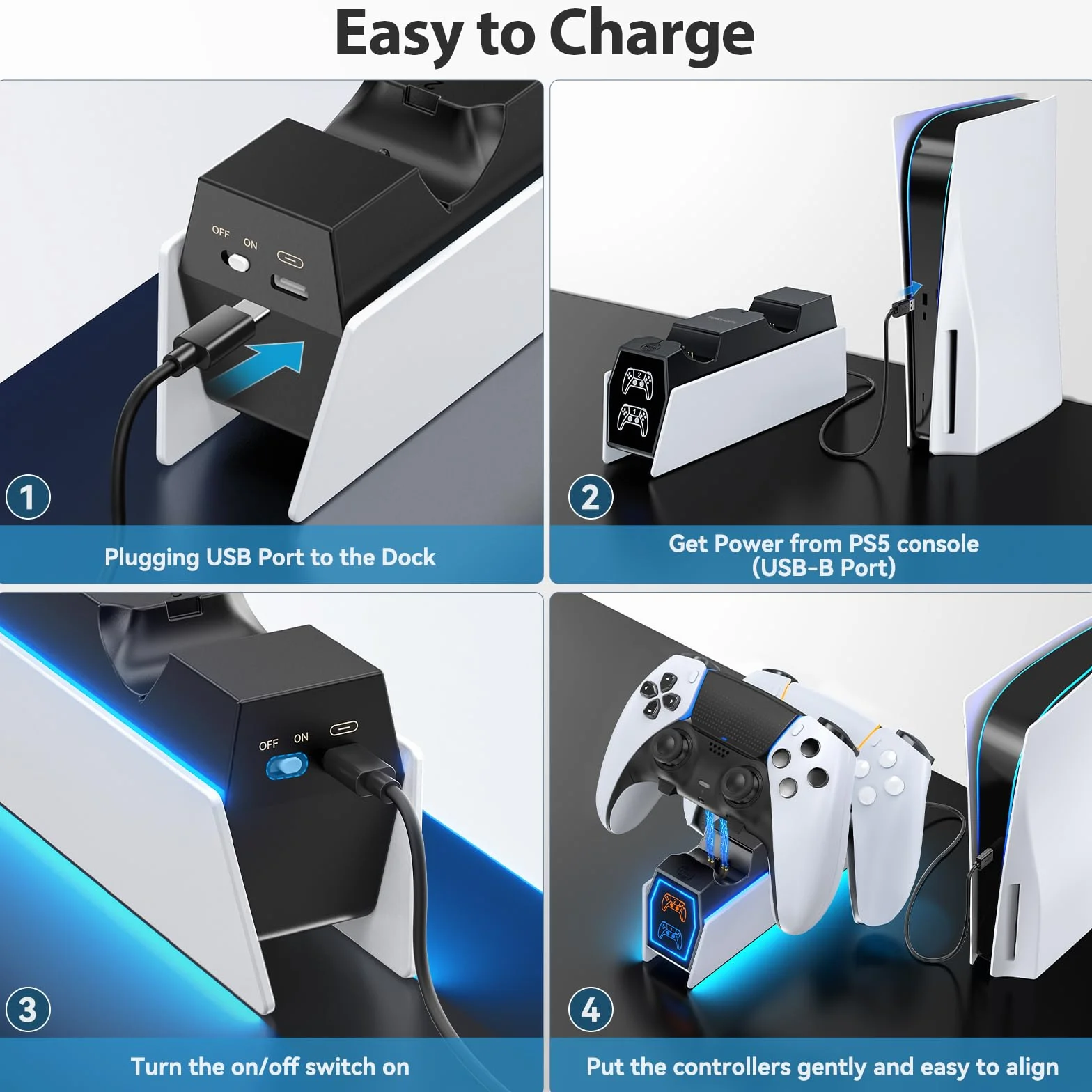 Tokluck Stacja ładująca do kontrolera PS5, kompatybilna z Playstation 5 Edge i podwójnym kontrolerem, stacja ładująca do gier z kablem, ochraniacz PlayStation Stacja dokująca ze wskaźnikami LED, biała
