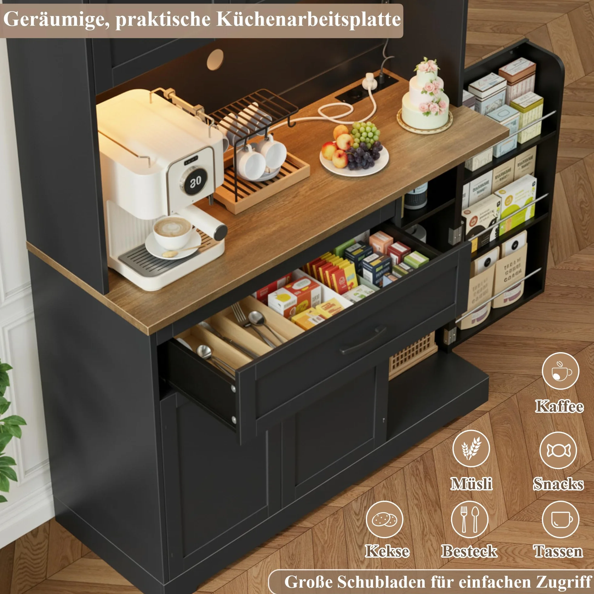 FirFurd Szafka kuchenna z diodami LED i regałem na przyprawy, kredens do kuchni z listwą zasilającą, szafka kuchenna z blatem roboczym, bufet kuchenny, meble kuchenne, 180 x 100 x 38 cm, czarna