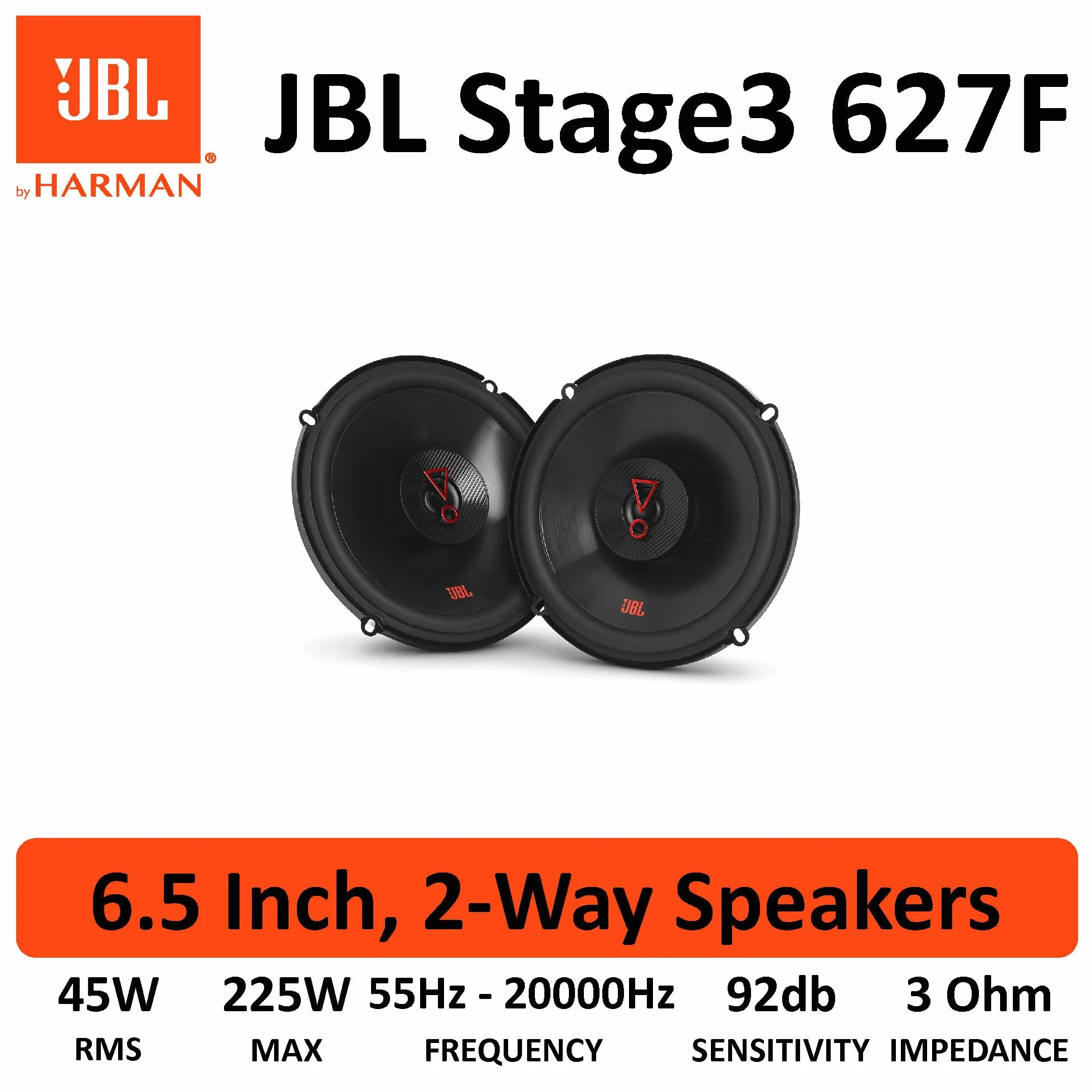 JBL Stage3 627F zestaw głośników samochodowych 16 cm 2-drożny - Harman Kardon 225 W, 2 sztuki, zestaw stereo HiFi, duży, 160 mm - 6,5 cala, bez osłony grilla