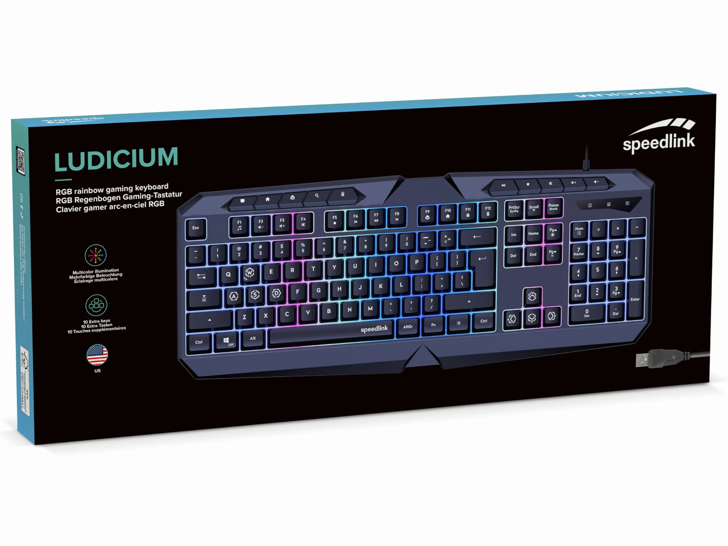Speedlink LUDICIUM RGB Rainbow Gaming Keyboard - klawiatura do gier RGB z kablem, układ US-Layout QWERTY, blokada klawisza Windows, przełącznik WASD, 10 klawiszy multimedialnych, przewodowa,czarna