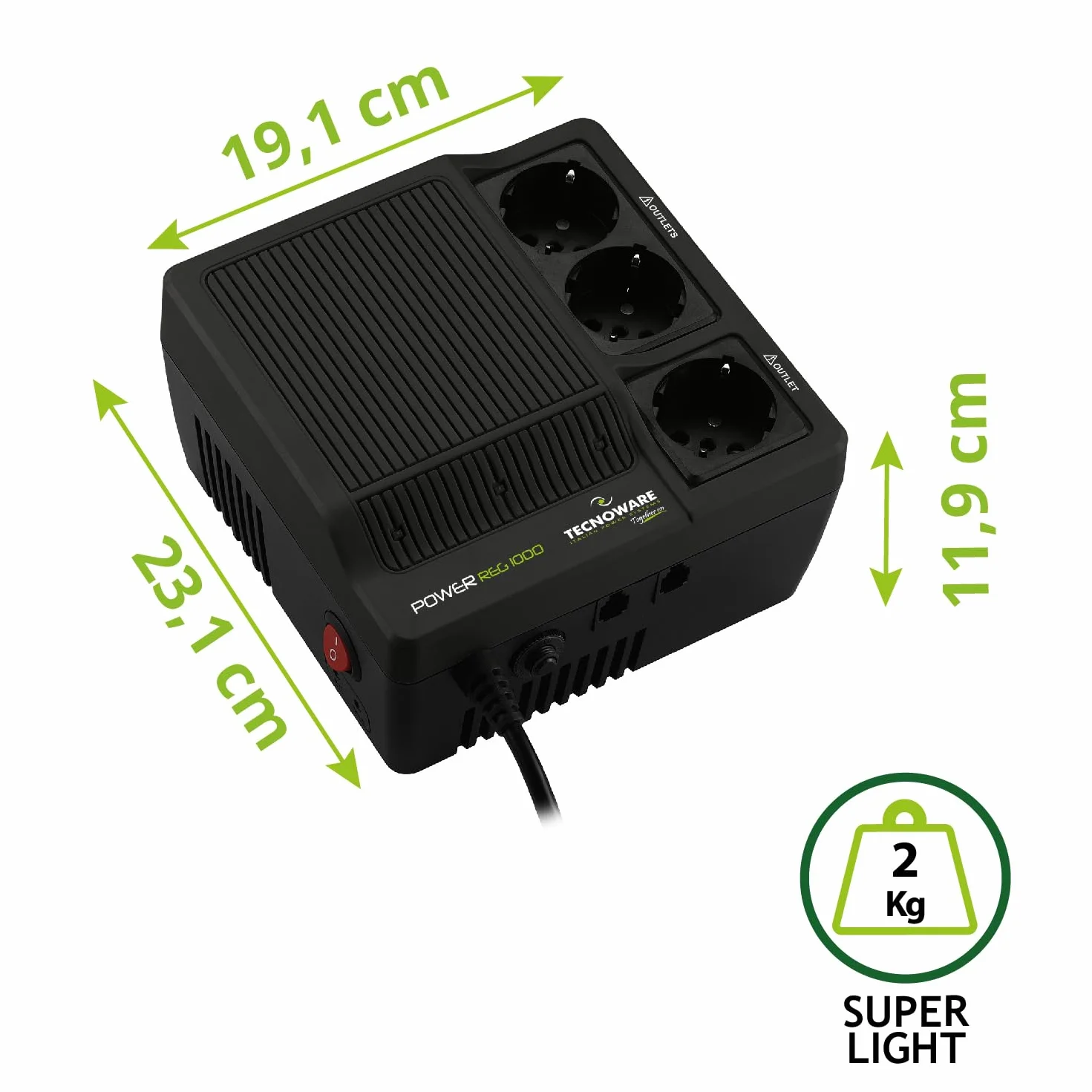 Tecnoware Power Systems PowerReg 1000VA, Stabilizator napięcia jednofazowy, Ochrona przed skokami, pikami i spadkami napięcia dla: TV, systemów HiFi, drukarek, małych urządzeń domowych i biurowych