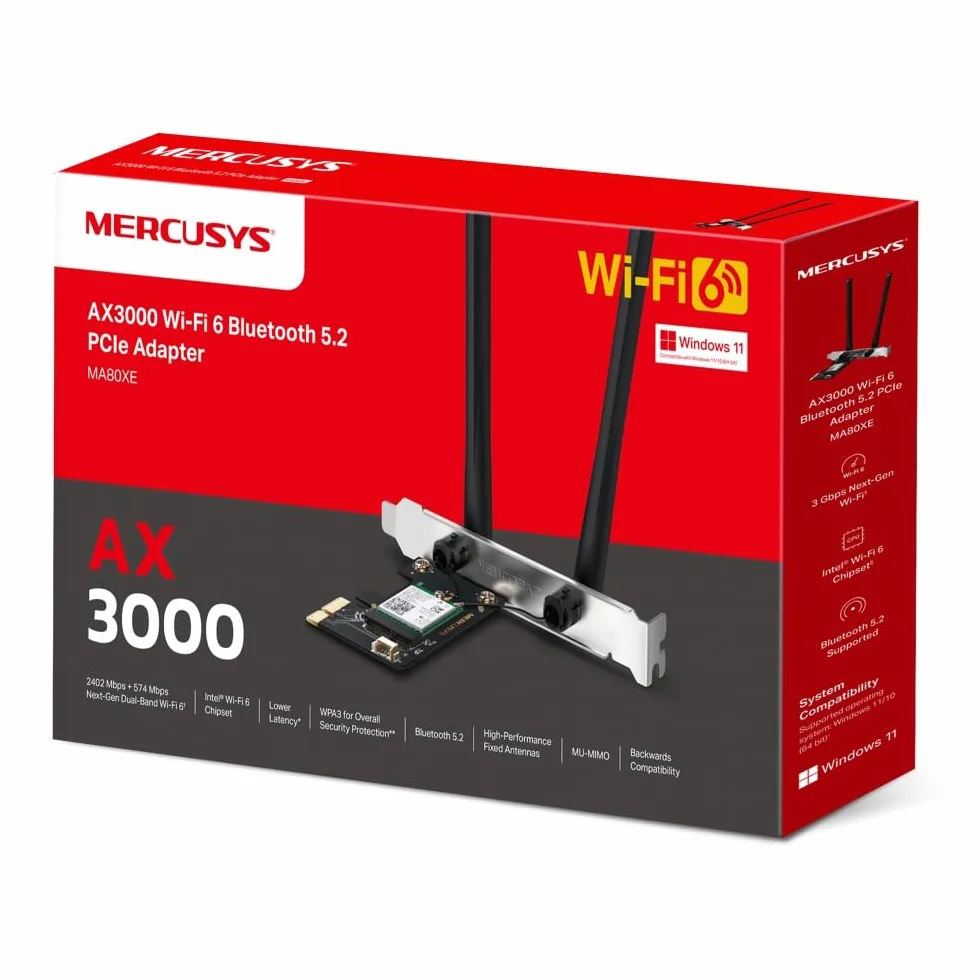 MERCUSYS Adapter TP-Link MA80XE PCIe AX3000Mbps WiFi 6 Bluetooth 5.2, chipset Intel Wi-Fi 6, WPA3, MU-MIMO, OFDMA, karta WiFi na stałe, obsługuje Windows 10, 11