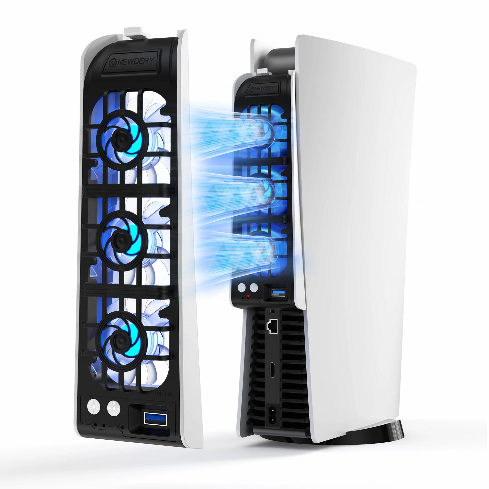 NEWDERY Wentylator do akcesoriów PS5, ulepszony cichy wentylator, automatyczna prędkość obrotowa dostosowana do temperatury, dynamiczne oświetlenie RGB, pasuje do PlayStation 5, nie pasuje do PS5 Slim