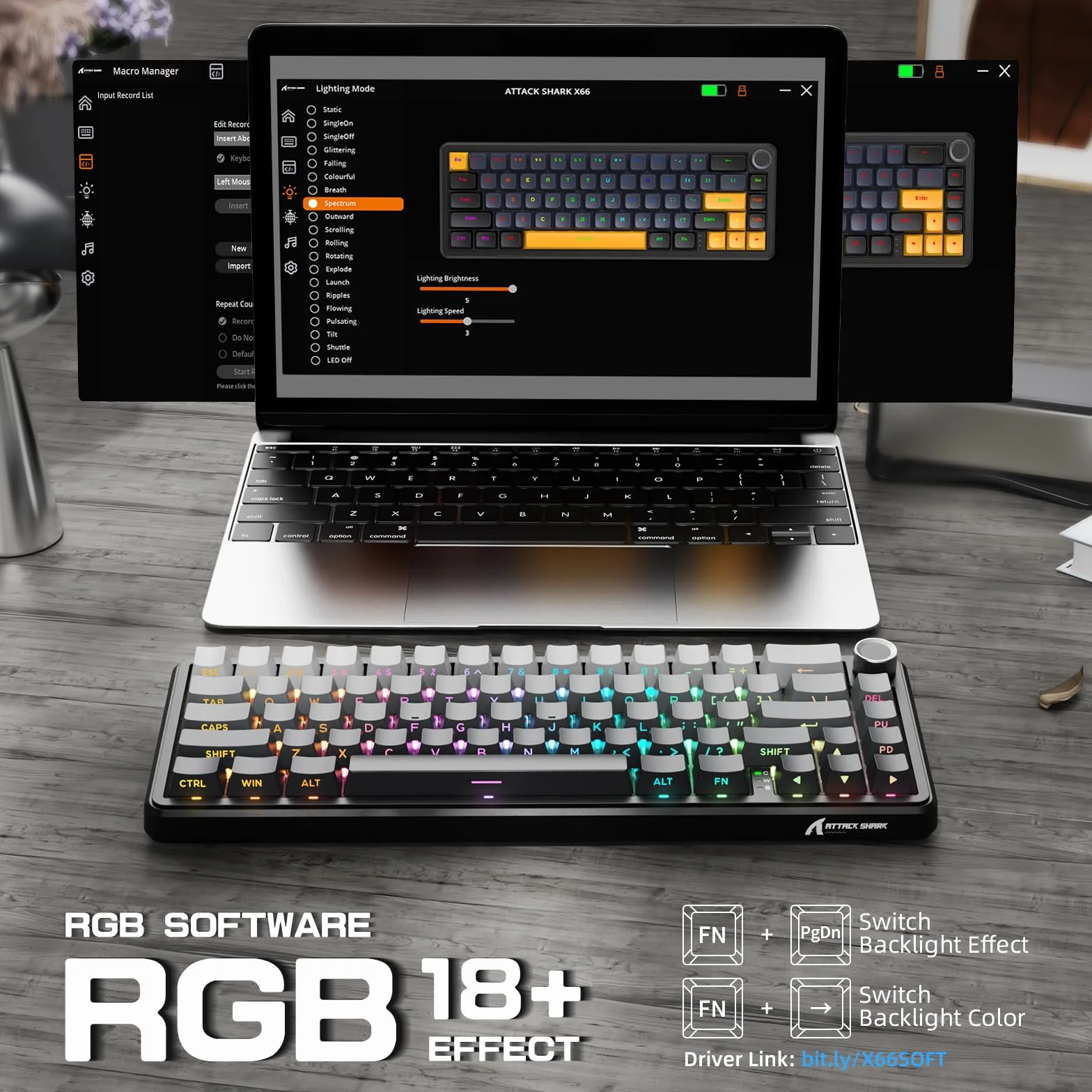 LexonElec x Attack Shark X66 60% Bezprzewodowa Klawiatura Mechaniczna z Pokrętłem Głośności, Hot-swap Gasket Mount, 2.4G/USB-C/BT5.0, QWERTY PBT Keycaps, Mini 66 Key Klawiatura do gier RGB-Szary