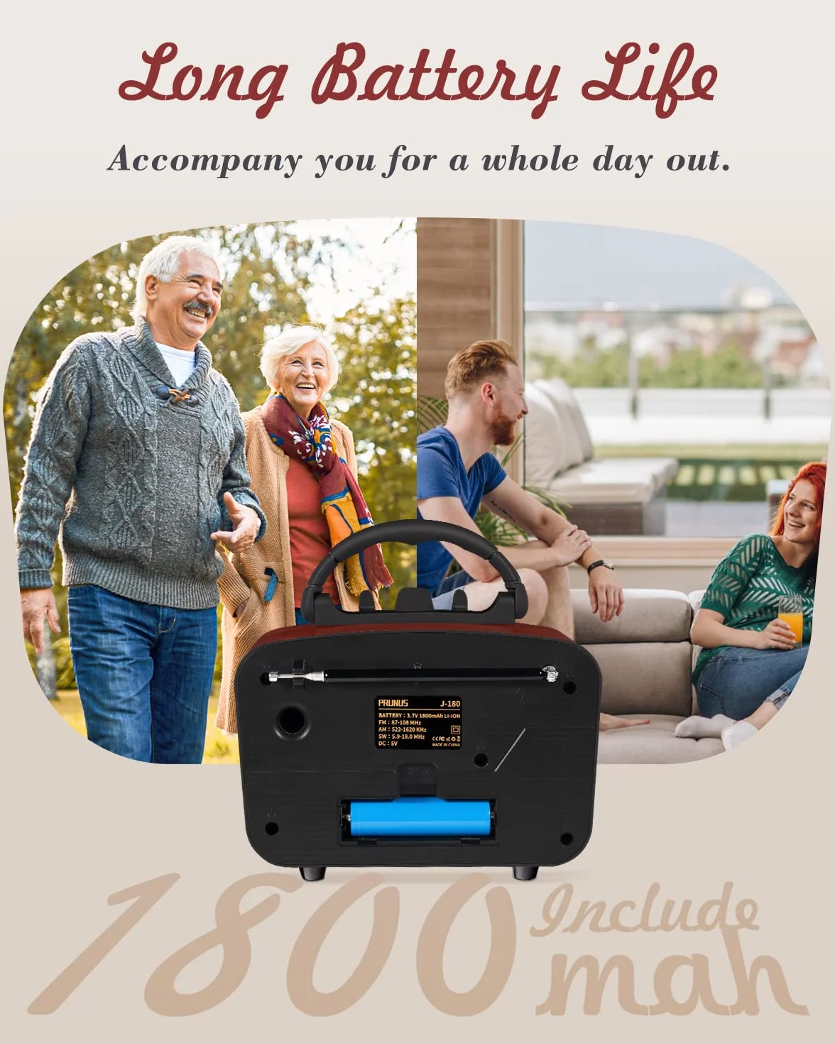 PRUNUS J-180 AM/FM/SW retro radio z Bluetooth 5.0, nostalgiczne radio małe z akumulatorem 1800 mAh, obsługuje funkcję USB/TF/AUX, z dużym głośnikiem 5 W, radio walizkowe, radio kuchenne do biura i