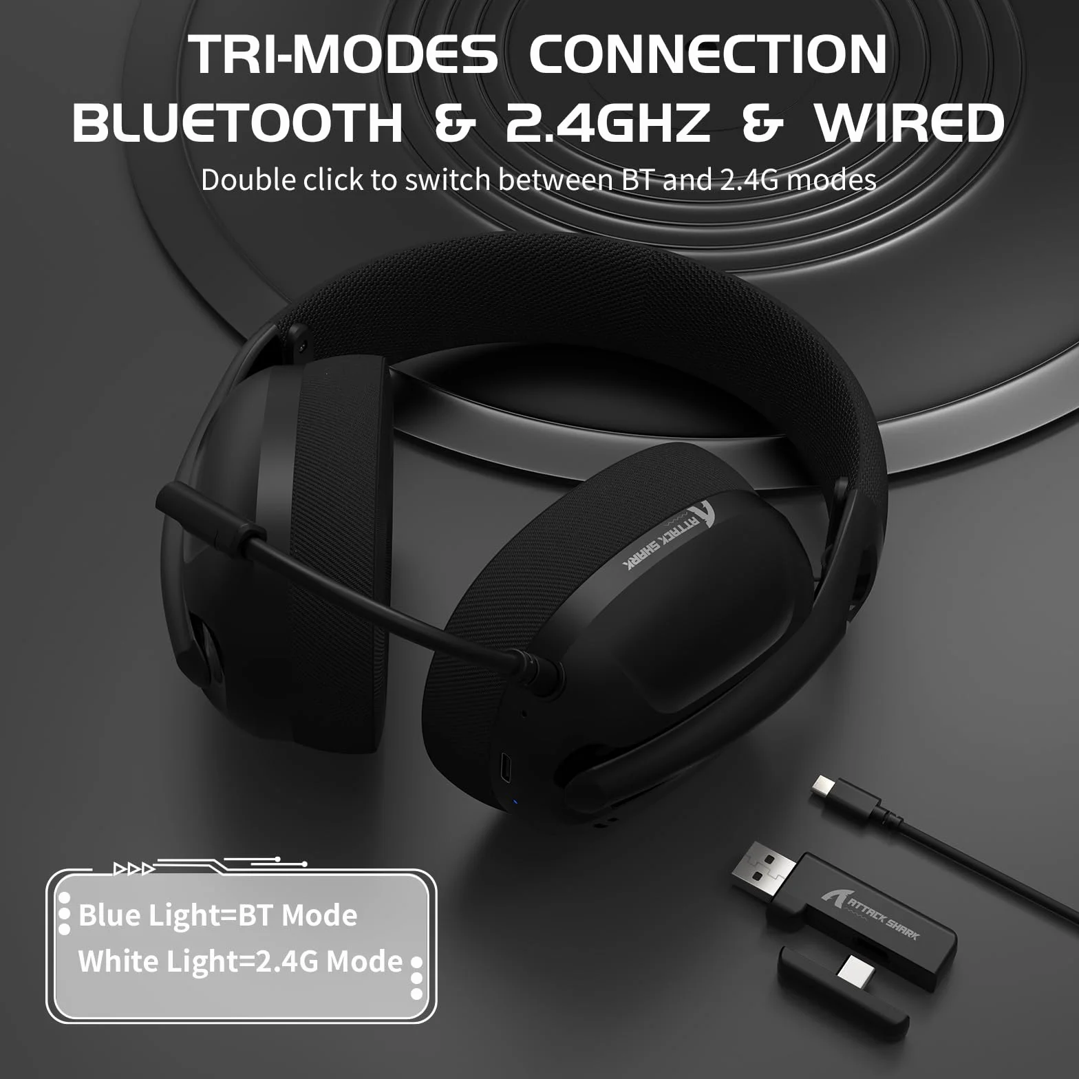 ATTACK SHARK L80 Ultralekki Bezprzewodowy Zestaw Słuchawkowy do Gier, BT 5.3, 2.4G, Przewodowy 3.5mm, 50 Godzin, Sterowniki Pro-G 40mm, Mikrofonem Eliminującym Hałas, do PC Mac Mobile - Czarny