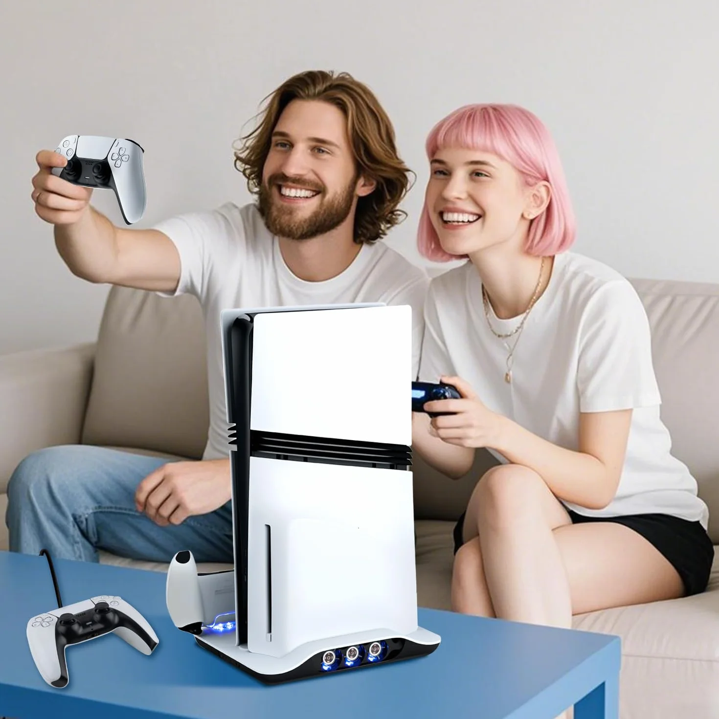 Mcbazel Dobe Mltifunctional stojak i stacja chłodząca do PS5/PS5 Slim/PS5 Pro, ładowarka z podwójnym kontrolerem i stacja szybkiego ładowania, regulowany wentylator chłodzący do PS5/PS5 Slim/PS5 Pro