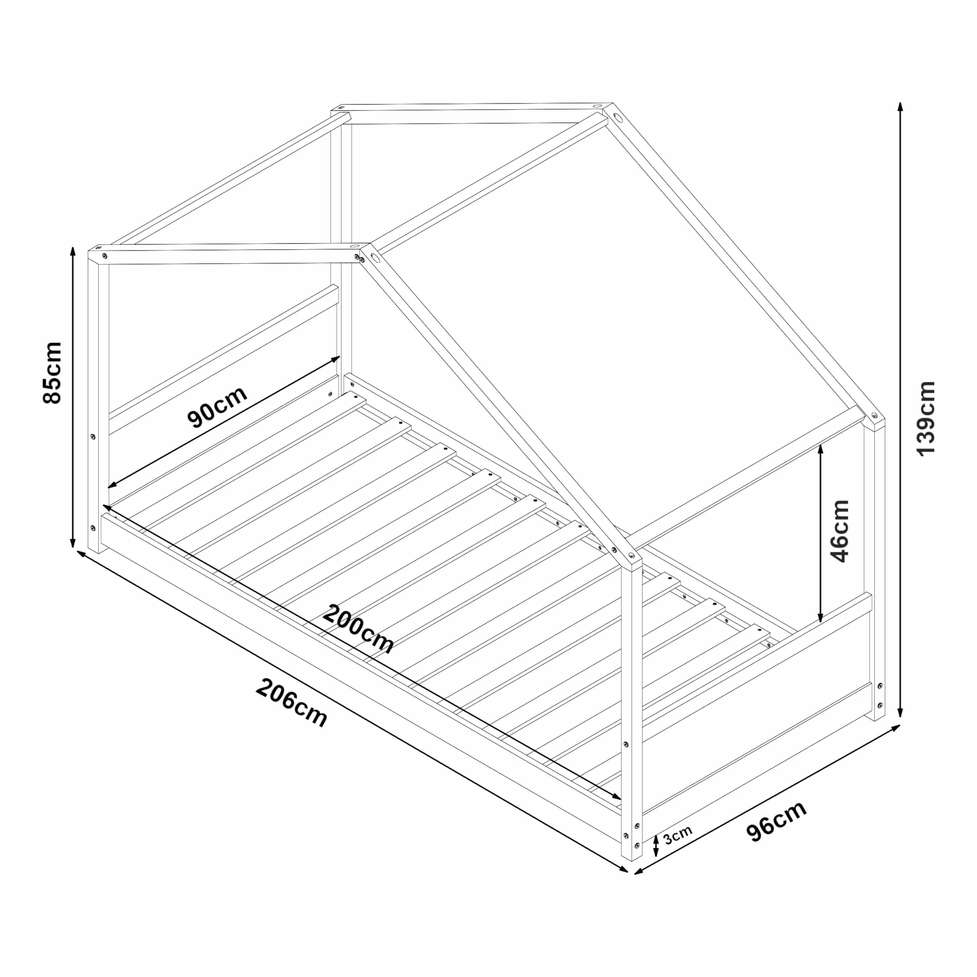 [en.casa] Łóżko dziecięce Simo Domowe łóżko dla malucha o wyglądzie domu łóżko podłogowe ze stelażem na łóżko sosna 200 x 90 cm białe