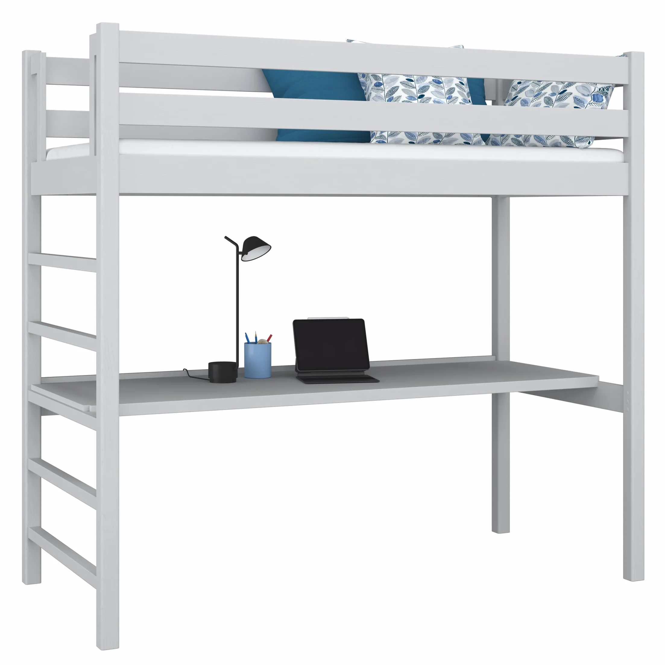 Łóżko na antresoli z biurkiem 90x200 cm z litego drewna Szare