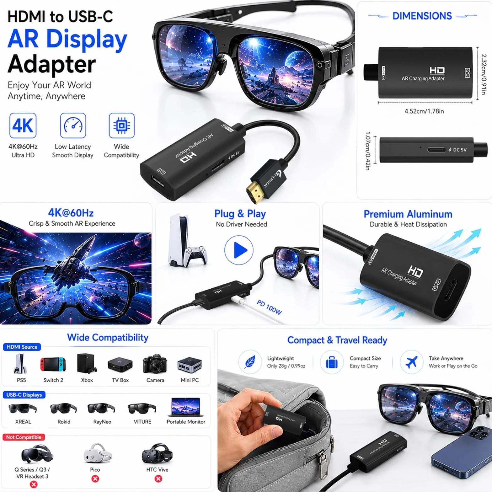 Guermok adapter HDMI–USB-C do okularów AR, 4K@60Hz, ładowanie DC 5V – do XREAL One/Air 2 Pro, RayNeo, Rokid, Steam, Switch2/1, PS 5/4, monitorów przenośnych (czarny)