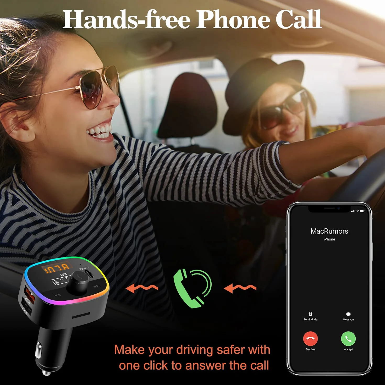 ELZO Nadajnik FM Bluetooth do samochodu, 5.0 Bluetooth adapter samochodowy z 10 kolorami światła LED i szybkim ładowaniem QC3.0, nadajnik Bluetooth, obsługa odtwarzacza MP3, zestaw głośnomówiący, czarny