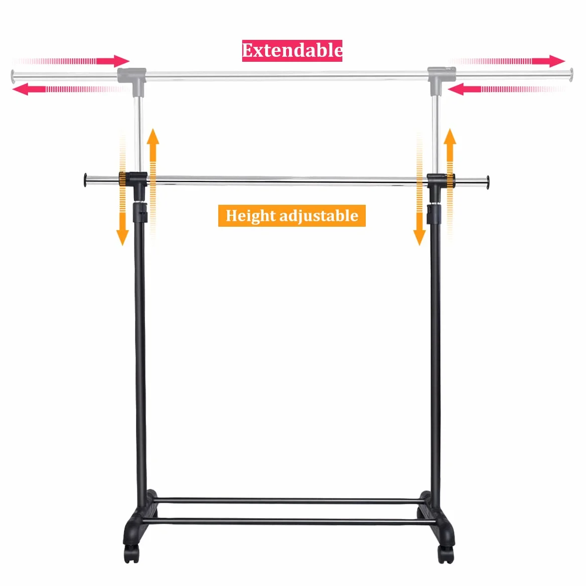 COSTWAY Wieszak Na Ubrania Na Kółkach Z Regulacją Wysokości 92-170 cm, Wysuwany Drążek 84-140 cm, Wózek Garderobiany Ze Stabilną Półką, Obracane Kółka 360°, Hamulce, Antykorozyjny