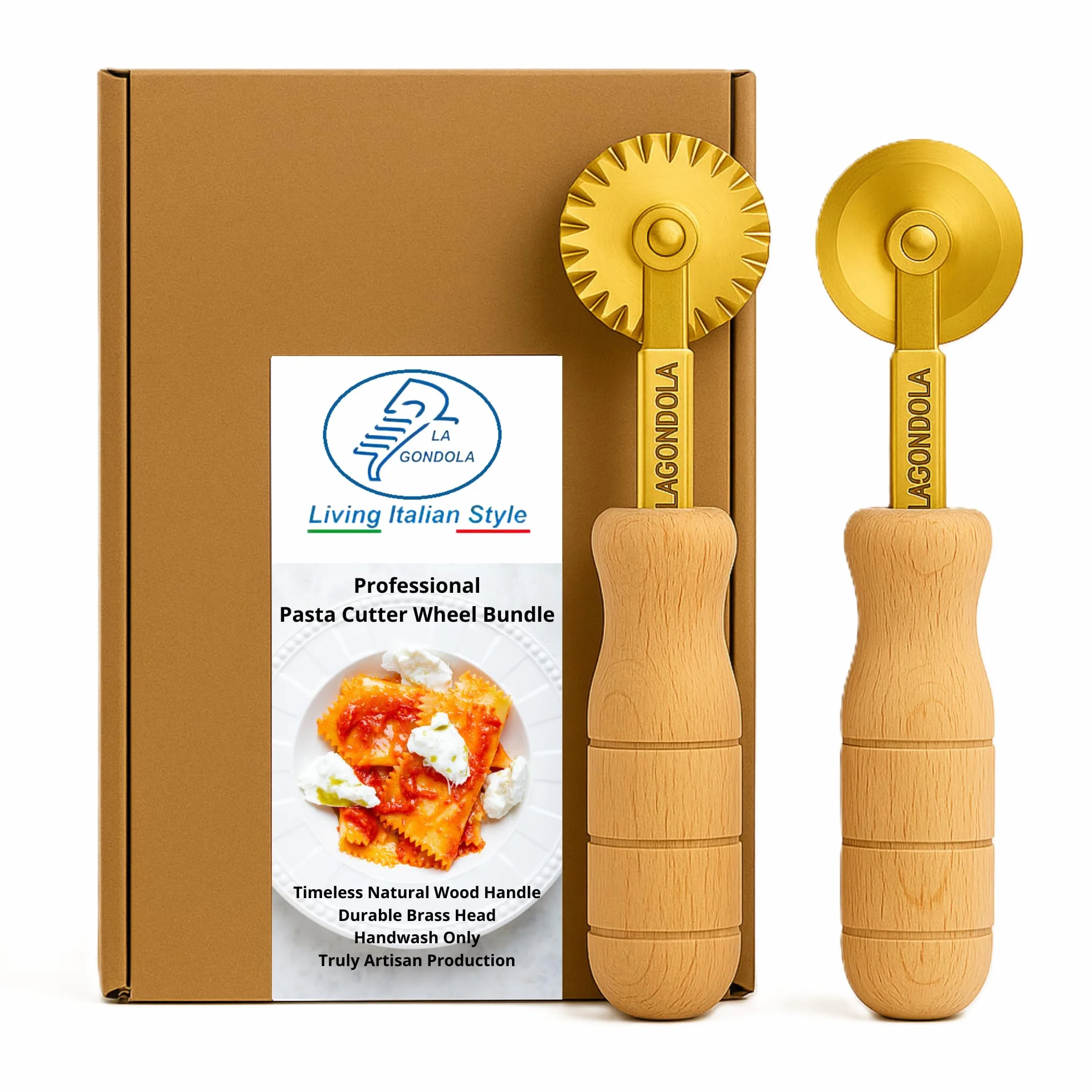 LaGondola Roulette à pâtes professionnelle pour raviolis, manche en bois naturel intemporel et tête en laiton durable (lot de 1 roue navettée et 1 roue lisse)