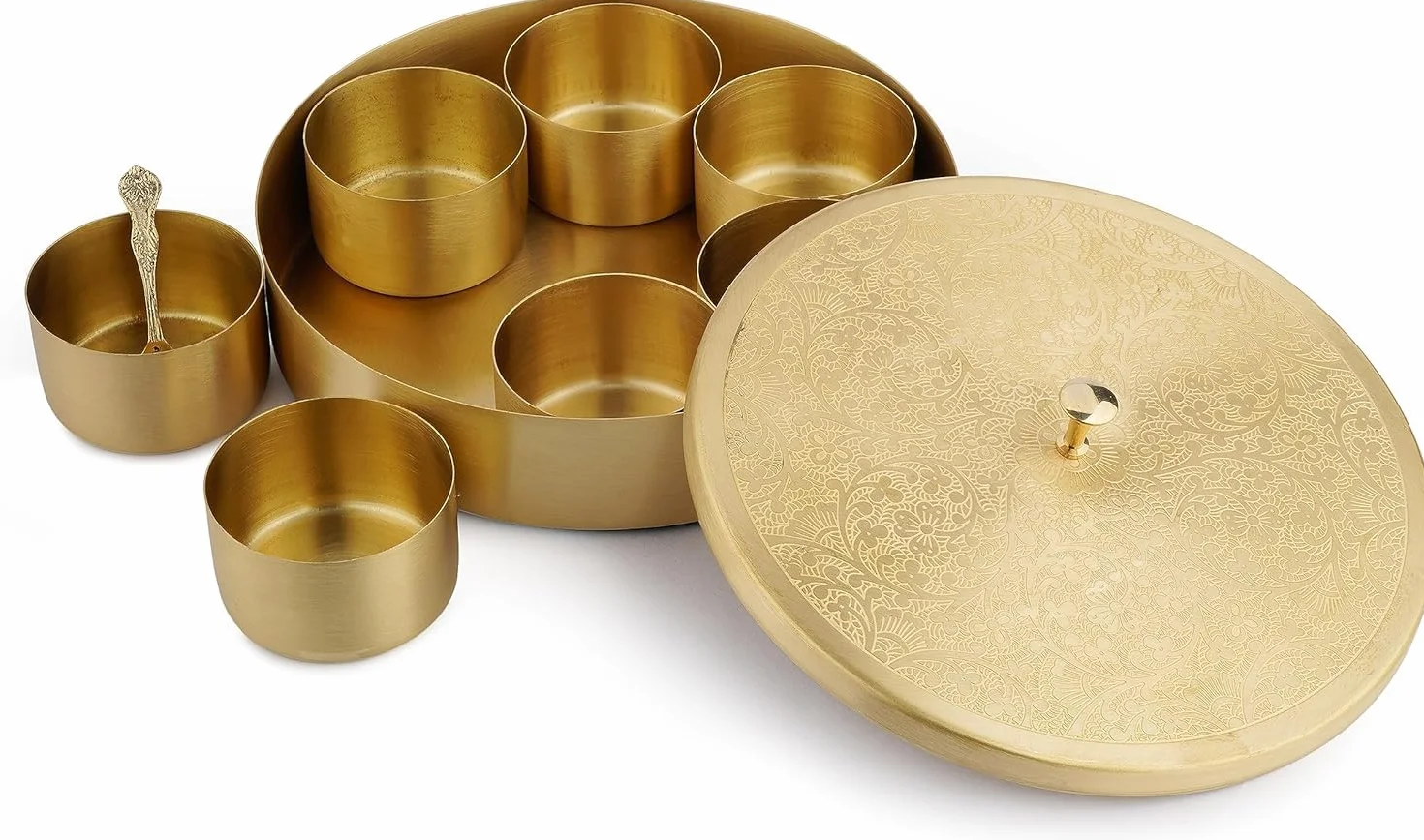 Eleganckie pozłacane metalowe pudełko na przyprawy, elegancka masala dabba z pokrywką, tradycyjny organizer kuchenny na przyprawy i suszone owoce