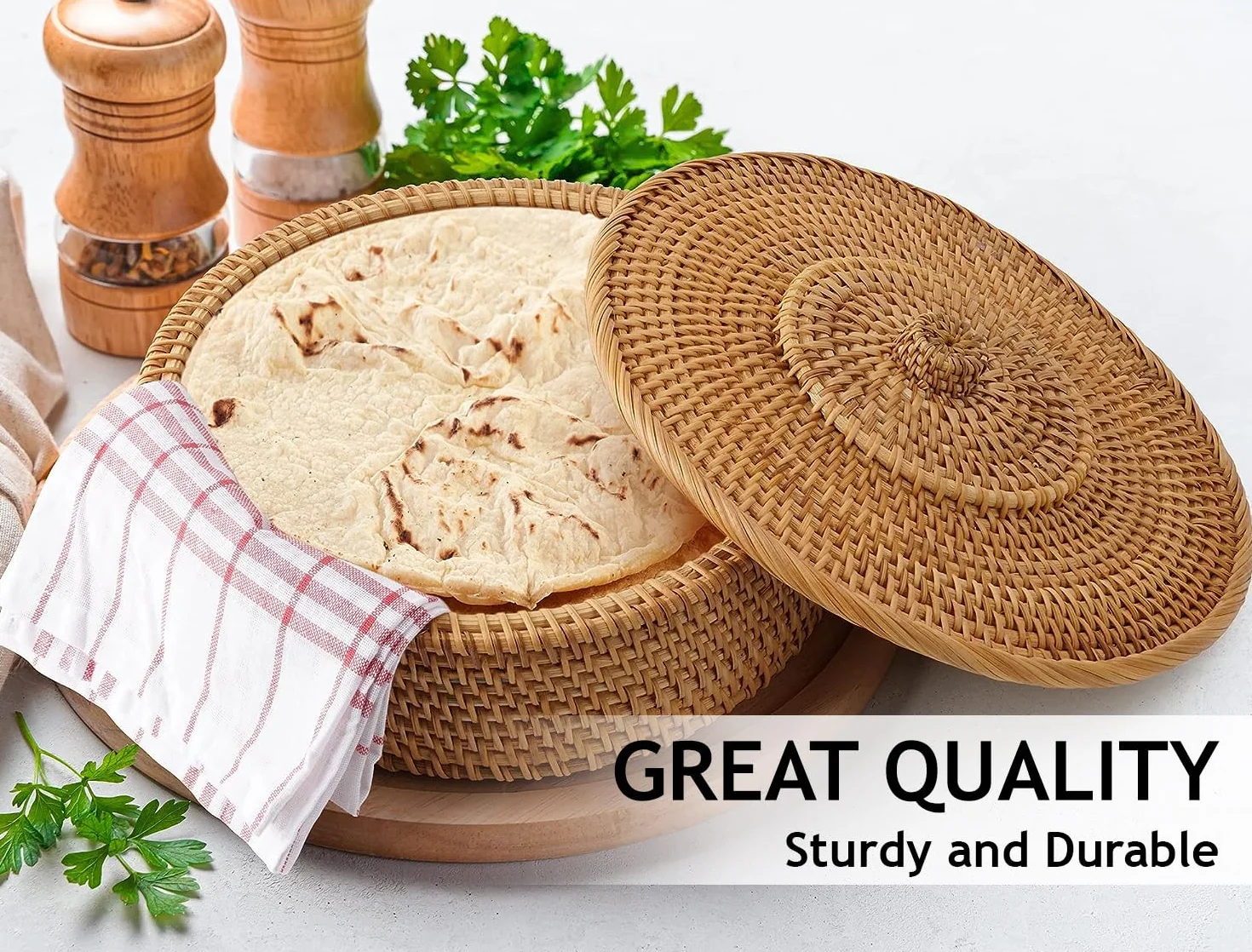 Tortillada Podgrzewacz Tortilli 26 cm Rattan Ręcznie Wykonany Kosz na Chleb z Bawełnianą Tkaniną Utrzymuje Ciepło