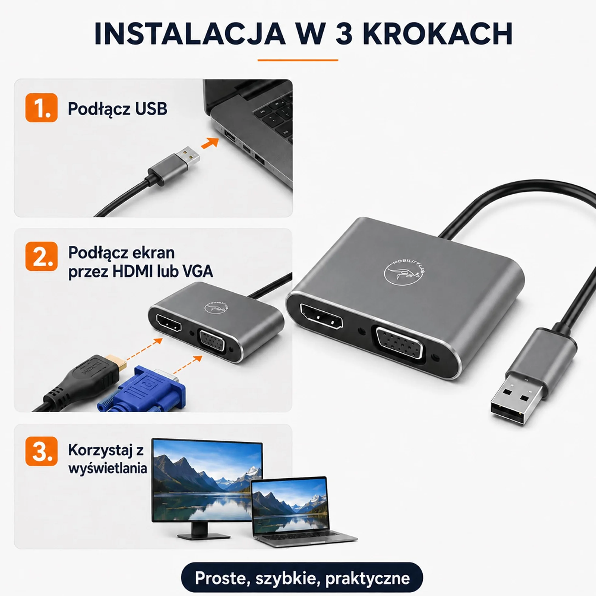 Mobility Lab Adaptator USB 3.0 do HDMI & VGA - Wysoka Rozdzielczość 1920x1080p - Kompatybilny z macOS i - Prezentacje, Filmy, Gry - Plug & Play Bez Oprogramowania - Mobilność Bez Granic