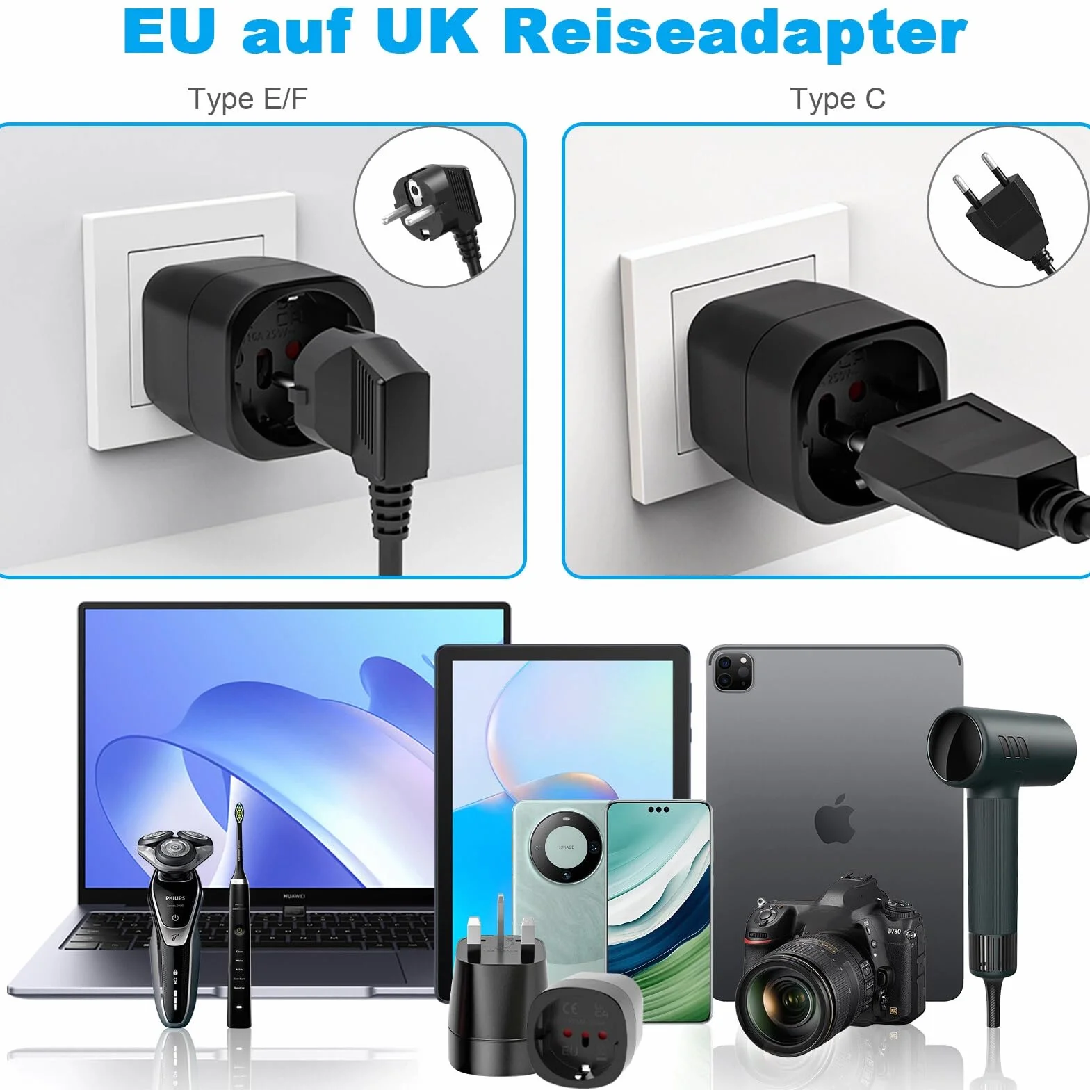 Zestaw 2 sztuk sztućców podróżnych, europejski adapter podróżny do UK, wtyczka podróżna UE na UK, kompatybilna z Europą, Włochami, Szwajcarią, Brazylią, adapterem 10 A/250 V - biały (EU-to-UK), czarny