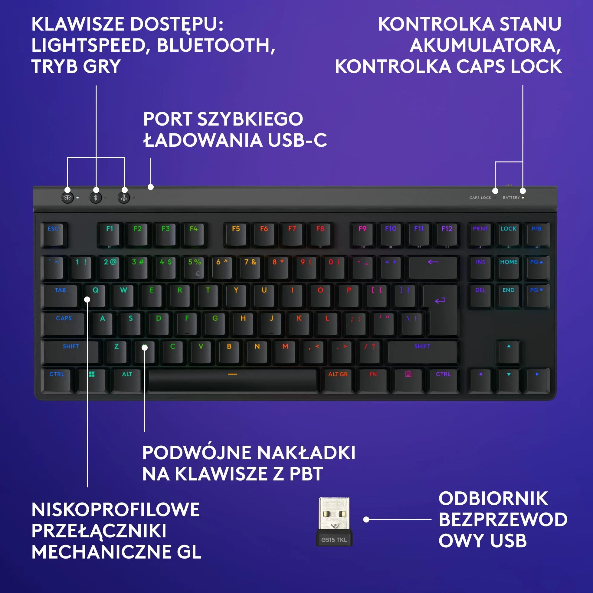 Logitech G G515 LIGHTSPEED TKL o płaskim profilu Bezprzewodowa klawiatura do gier, LIGHTSYNC RGB, cienka konstrukcja bez klawiatury numerycznej, przełączniki mechaniczne, QWERTY US INT'L - Czarny