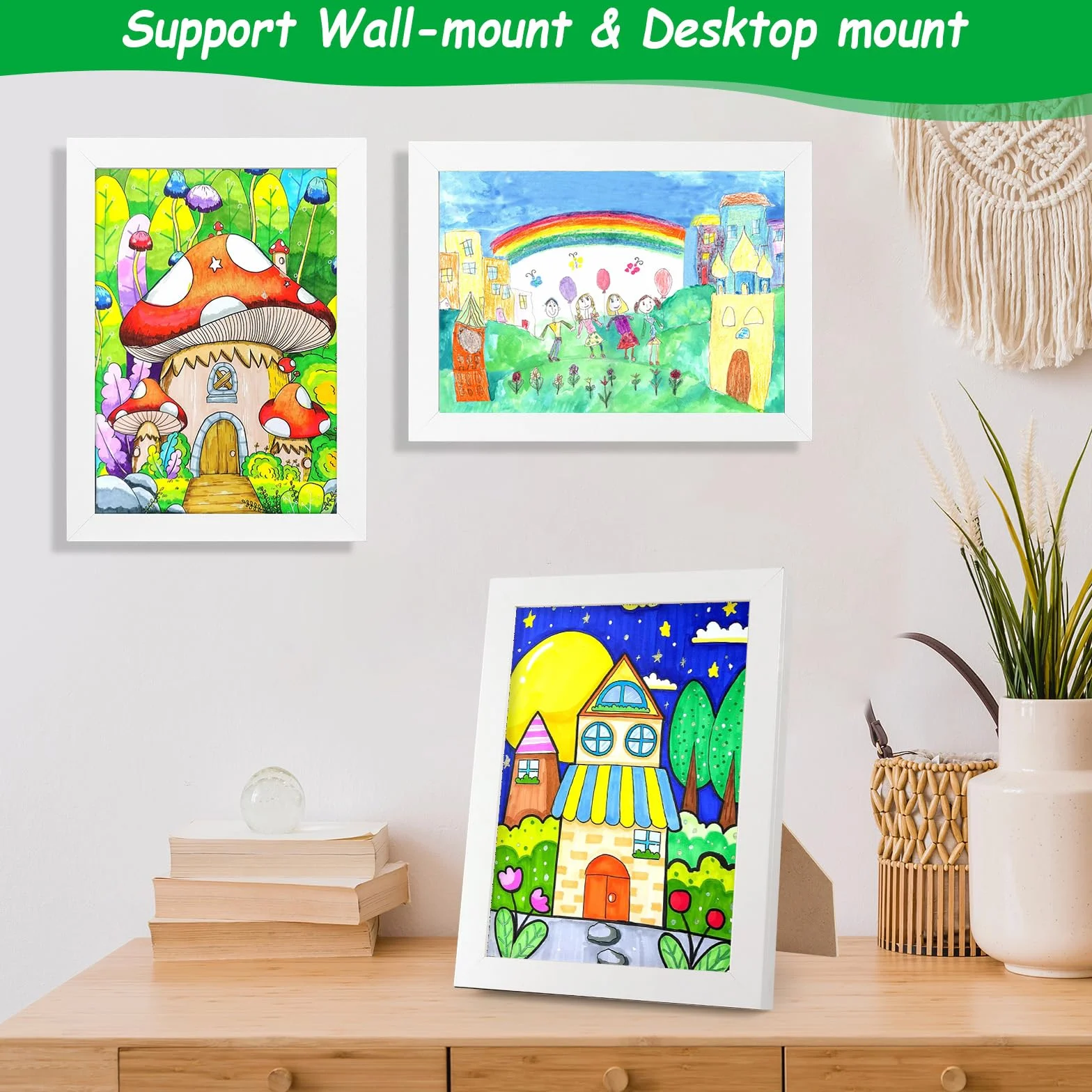 Rama A4 21x30 cm drewno na zawiasach do rysunków dla dzieci, A4 ramka na zdjęcia z przodu otwierana na 150 obrazów, do zawieszenia i ekspozycji, biała B