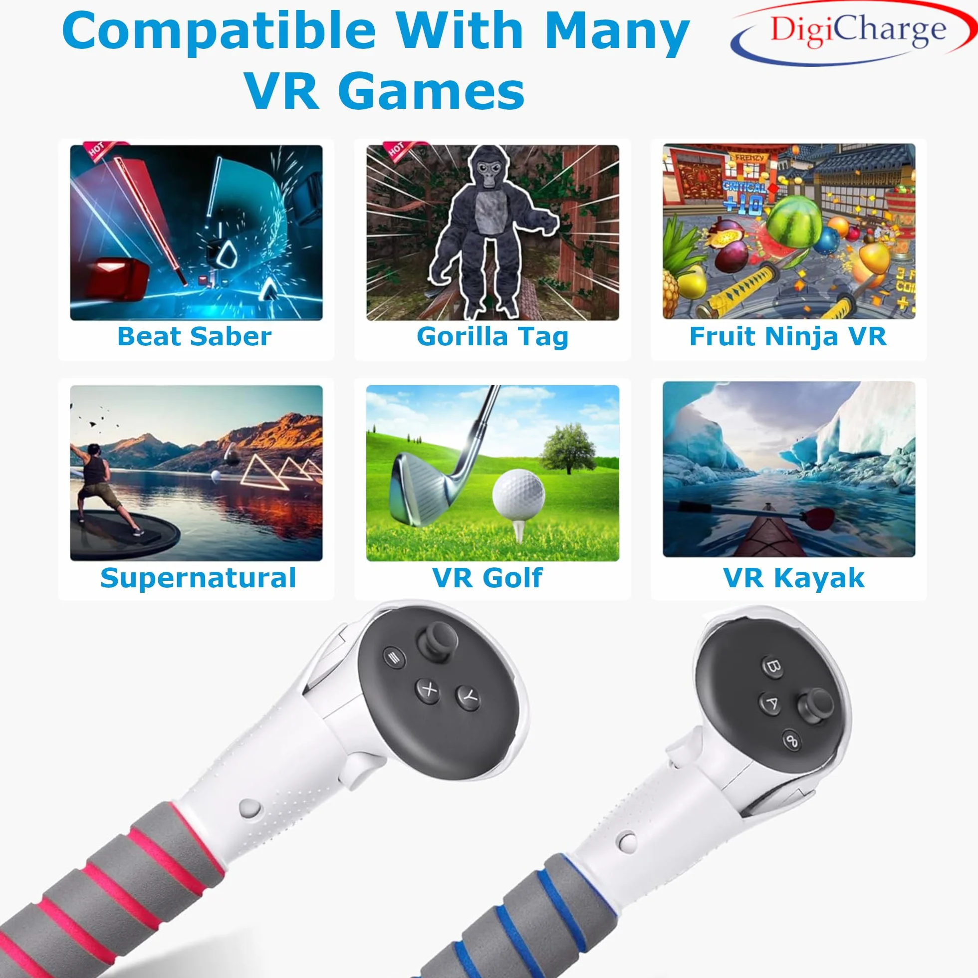 Digicharge Uchwyt 3 w 1 kompatybilny z Meta Quest 3S / 3S Xbox edition / Quest 3 akcesoria, Beat Saber, VR Gorilla Tag, przedłużający uchwyt do mocowania klubu golfowego