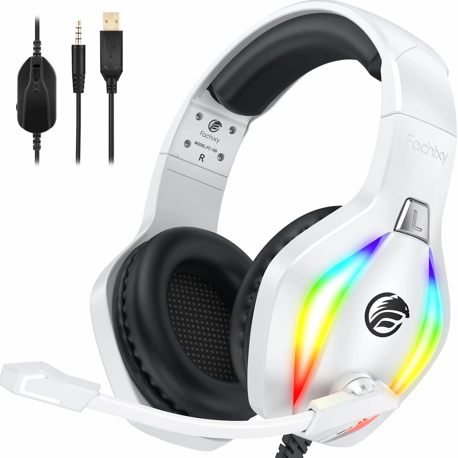 Fachixy FC100 zestaw słuchawkowy gamingowy do PS4 PS5 PC Xbox Nintendo Switch słuchawki stereo RGB z mikrofonem redukcją szumów biały