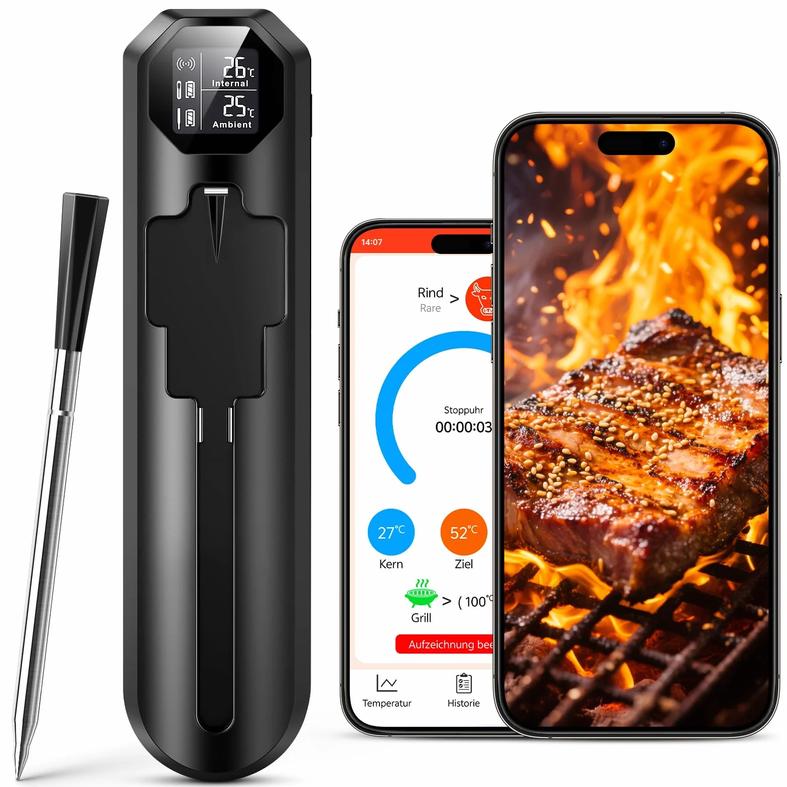 Termometr do mięsa Bluetooth 150m podwójny czujnik cyfrowy z aplikacją do grilla pieczenia BBQ (Czarny)
