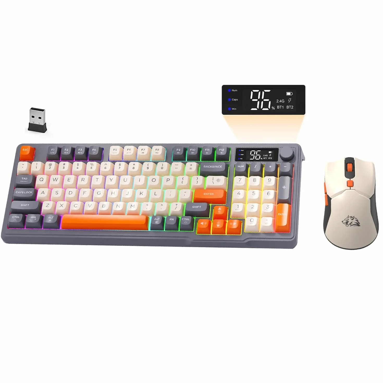 ZIYOU LANG×FREEWOLF T96 Bezprzewodowa Klawiatura i Mysz do Gier, Bluetooth/2,4 GHz, Mądry Pokaz i Pokrętło, Podświetlenie Tęcza Diodą, Klawiatura QWERTY Akumulatorem i Radiowy Komputer Myszą-Shimmer