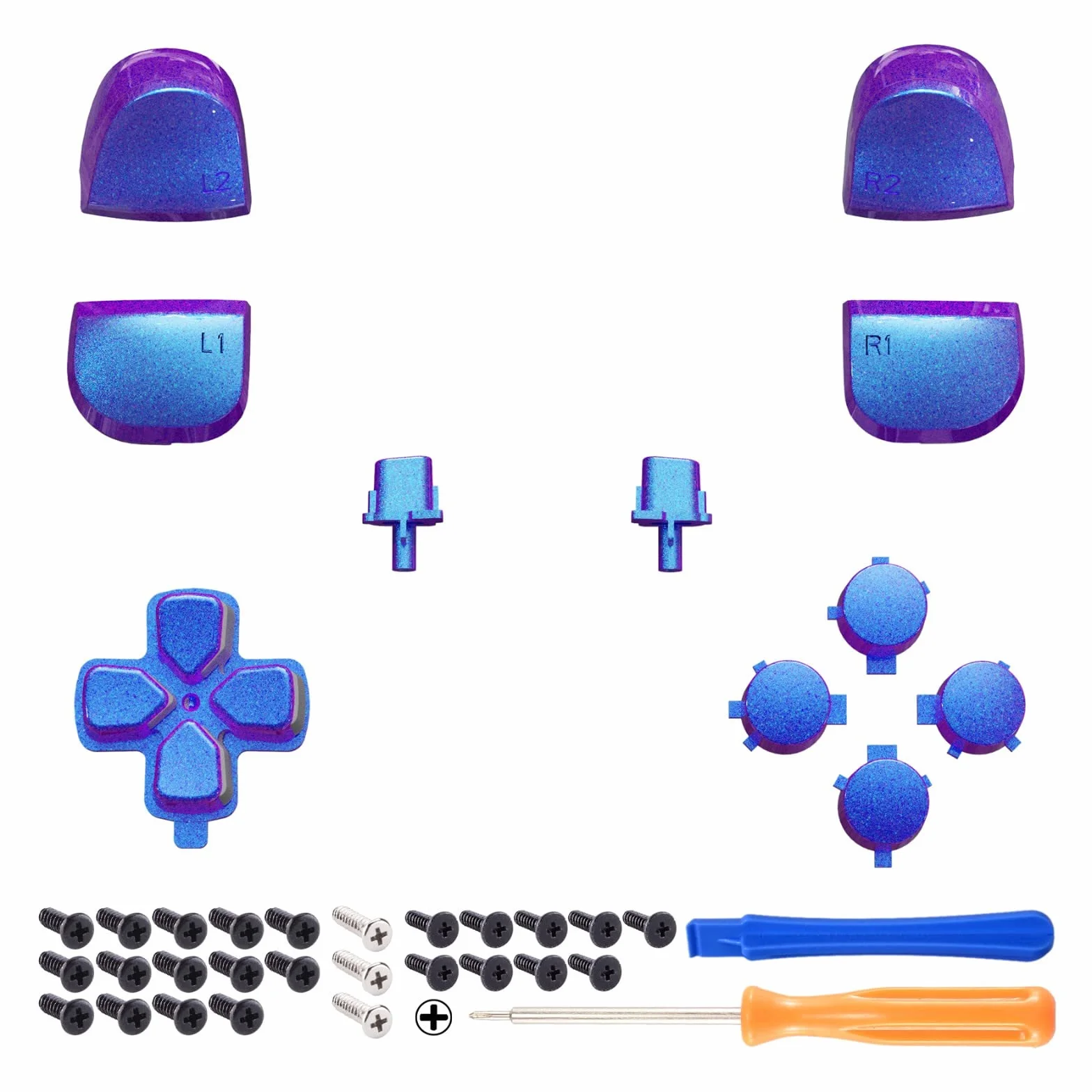 eXtremeRate Wymiana D-pad R1 L1 R2 L2 Wyzwalacze Opcje Udostępniania Przyciski Twarzy dla ps5 controller, Niestandardowe Przyciski Pełnego Zestawu Zestawy Naprawcze - Kameleon Fioletowy Niebieski