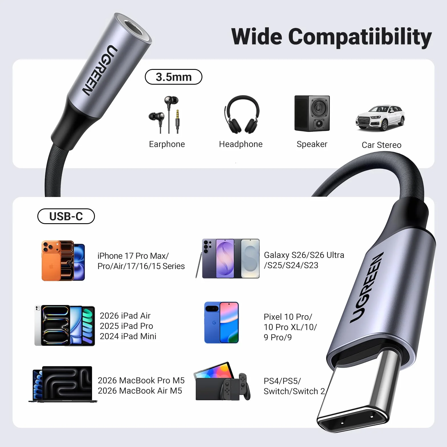 UGREEN Audio Jack Adapter USB C do 3.5mm Adapter Słuchawek Nylonowy Kabel Aux Kompatybilny z Galaxy S23 Ultra/ S23+/ S23/ S22/ S21+/ S21/S21 Ultra/S20,iPad Pro/Air, MacBook Pro itp. (Szary)