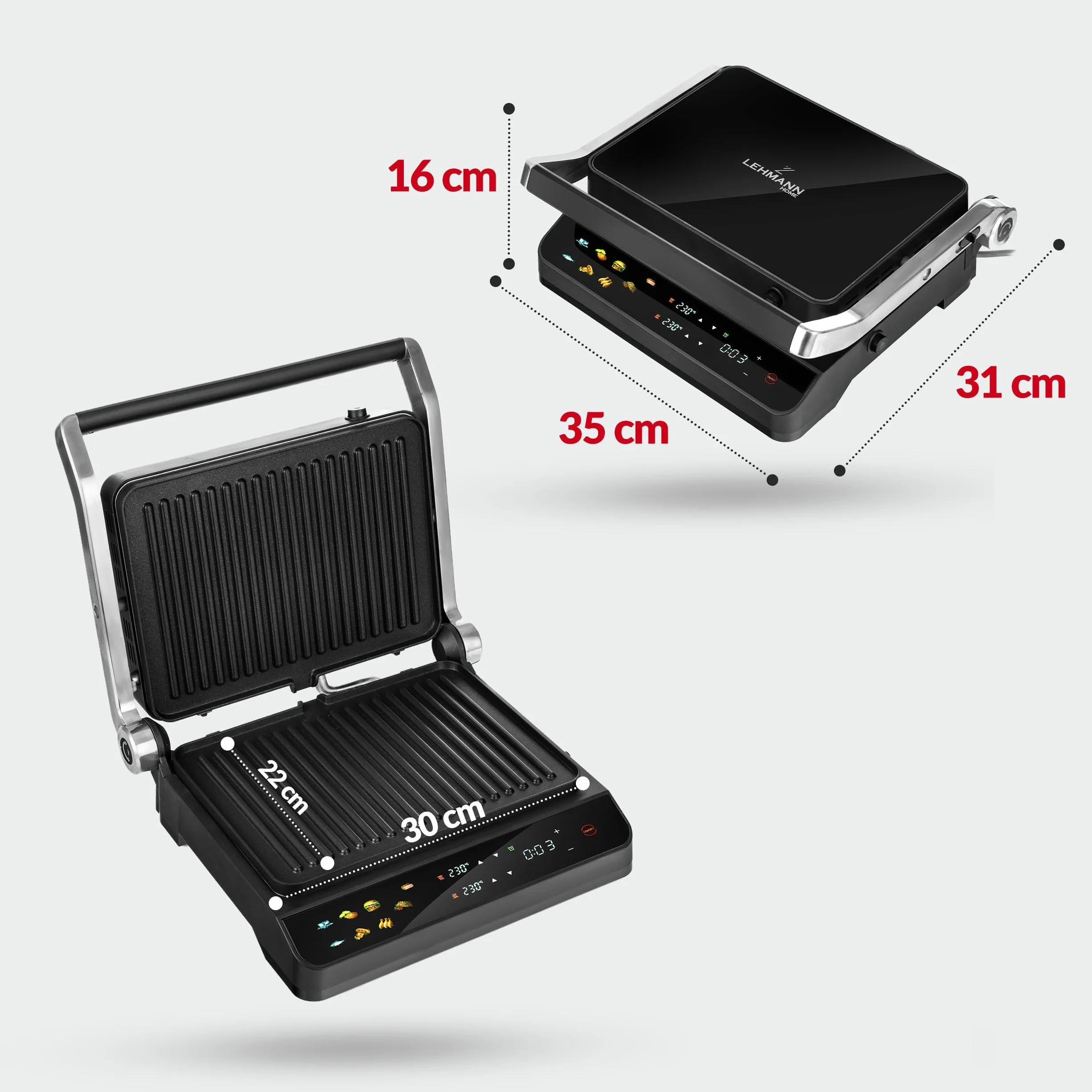 LEHMANN Grill kontaktowy, 2000 W, grill stołowy rozkładany 180°, zdejmowane płyty nieprzywierające, wyświetlacz: 10 programów, regulacja temperatury 90-230°C, timer 1-240 min, grill elektryczny do