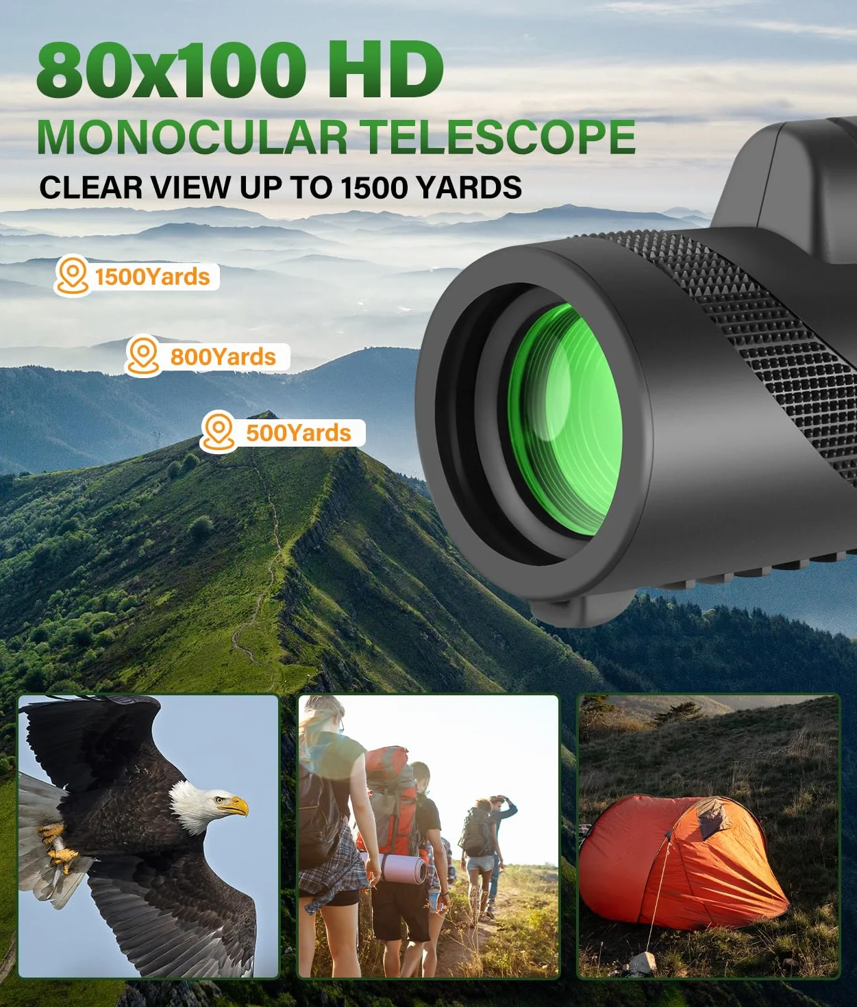 PAHTTO Teleskop monokularowy, monokular 80x100 z pryzmatem BAK4 i obiektywem FMC, HD teleskop monokularowy z adapterem na smartfon i statywem, do obserwacji ptaków, polowania, wędrówek, koncertów