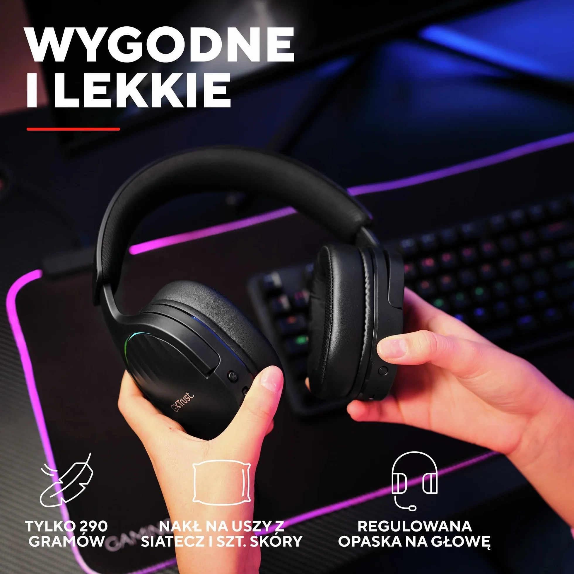 GXTrust 491 Fayzo zestaw słuchawkowy gamingowy Bluetooth 2,4 GHz dźwięk przestrzenny 7.1 czas pracy baterii 22 h bezprzewodowy headset RGB wokółuszny czarny