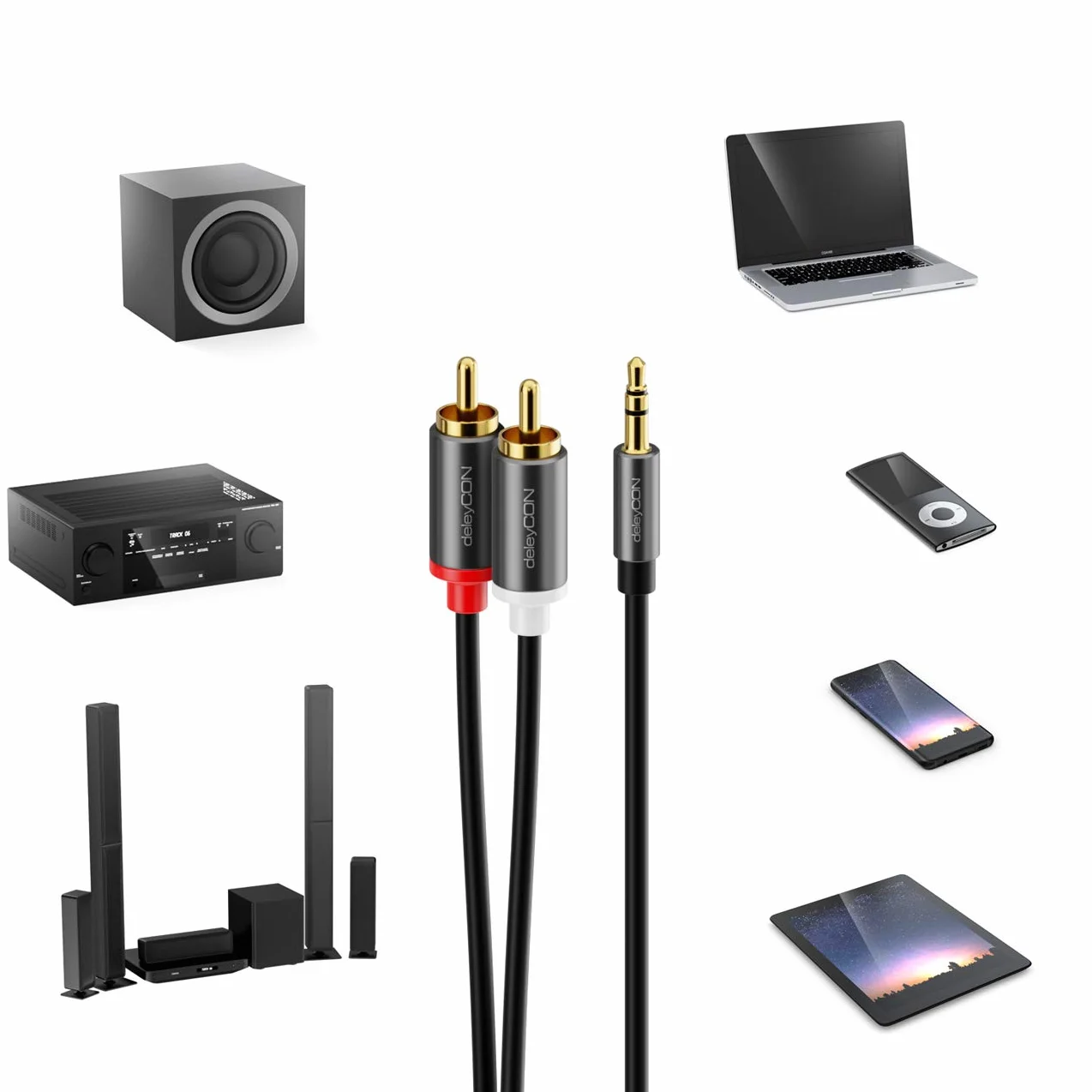 deleyCON 2m Kabel Klinke do Cinch RCA 3,5mm Przewód Audio Adapter Telefon i Smartfon do Odbiornika HiFi 3,5mm AUX Klinke na Wtyk Cinch (Extra Cienki & Elastyczny)