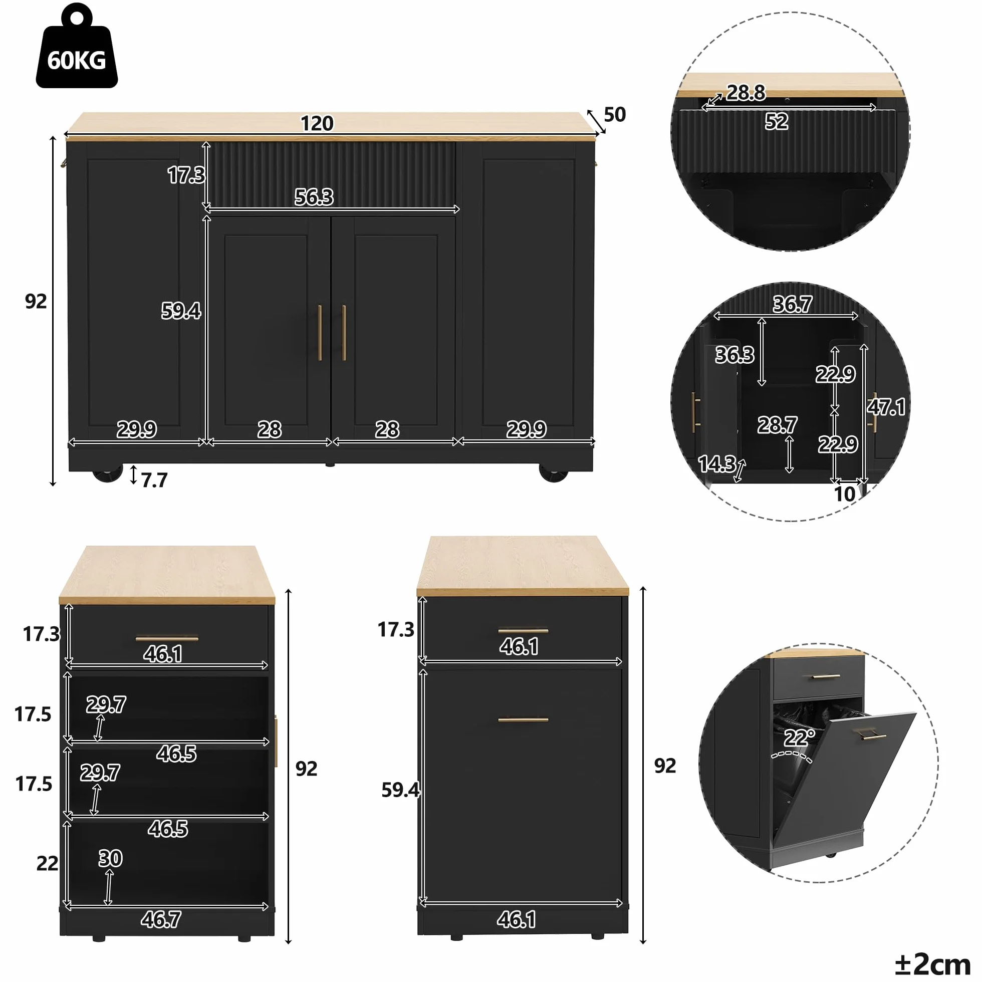 Wyspa kuchenna na kółkach 120x50x92 cm z komorą na śmieci 2 drzwiami 3 szufladami