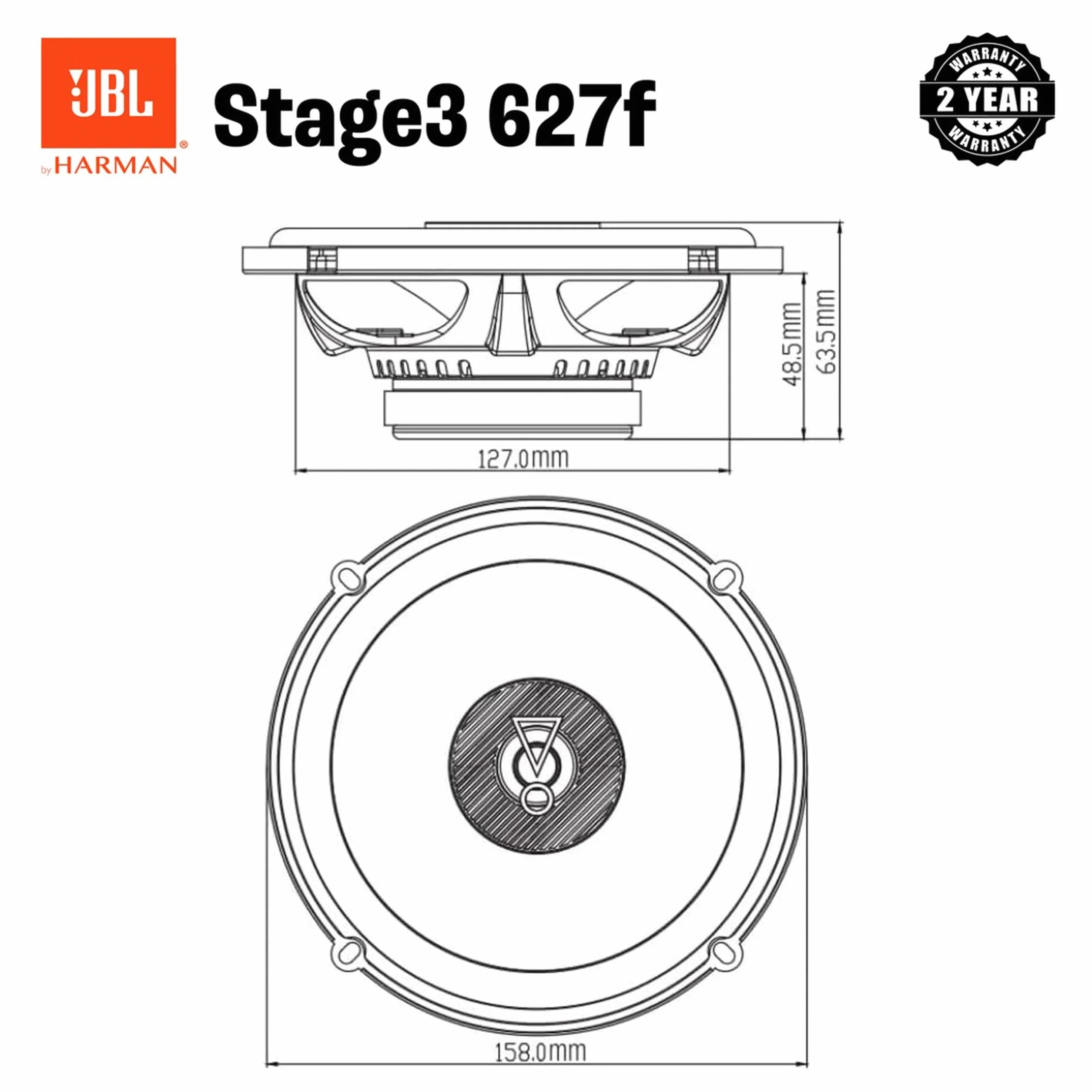 JBL Stage3 627F zestaw głośników samochodowych 16 cm 2-drożny - Harman Kardon 225 W, 2 sztuki, zestaw stereo HiFi, duży, 160 mm - 6,5 cala, bez osłony grilla