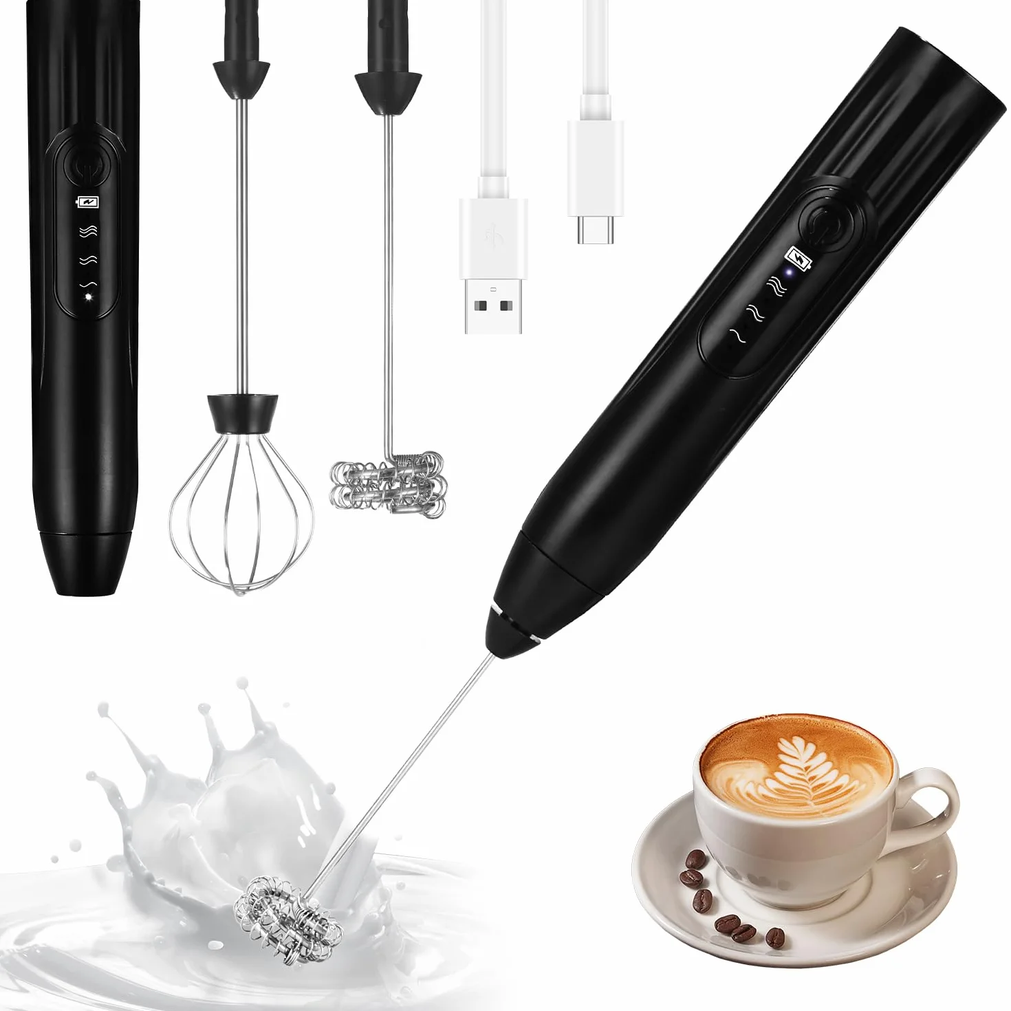 Pieniacz do mleka z możliwością ponownego ładowania przez USB, 3-biegowy, elektryczna trzepaczka do kawy, latte cappuccino